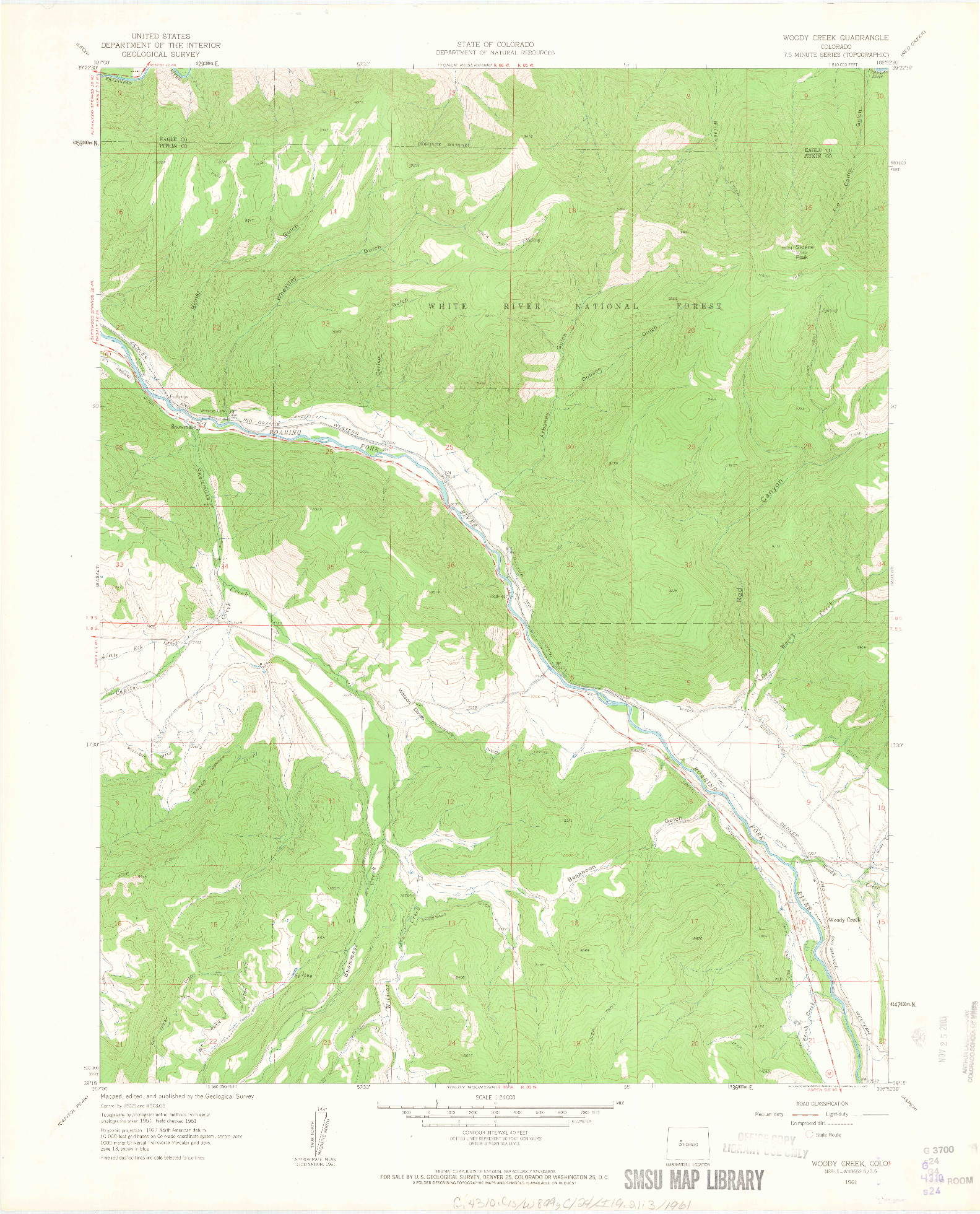 USGS 1:24000-SCALE QUADRANGLE FOR WOODY CREEK, CO 1961