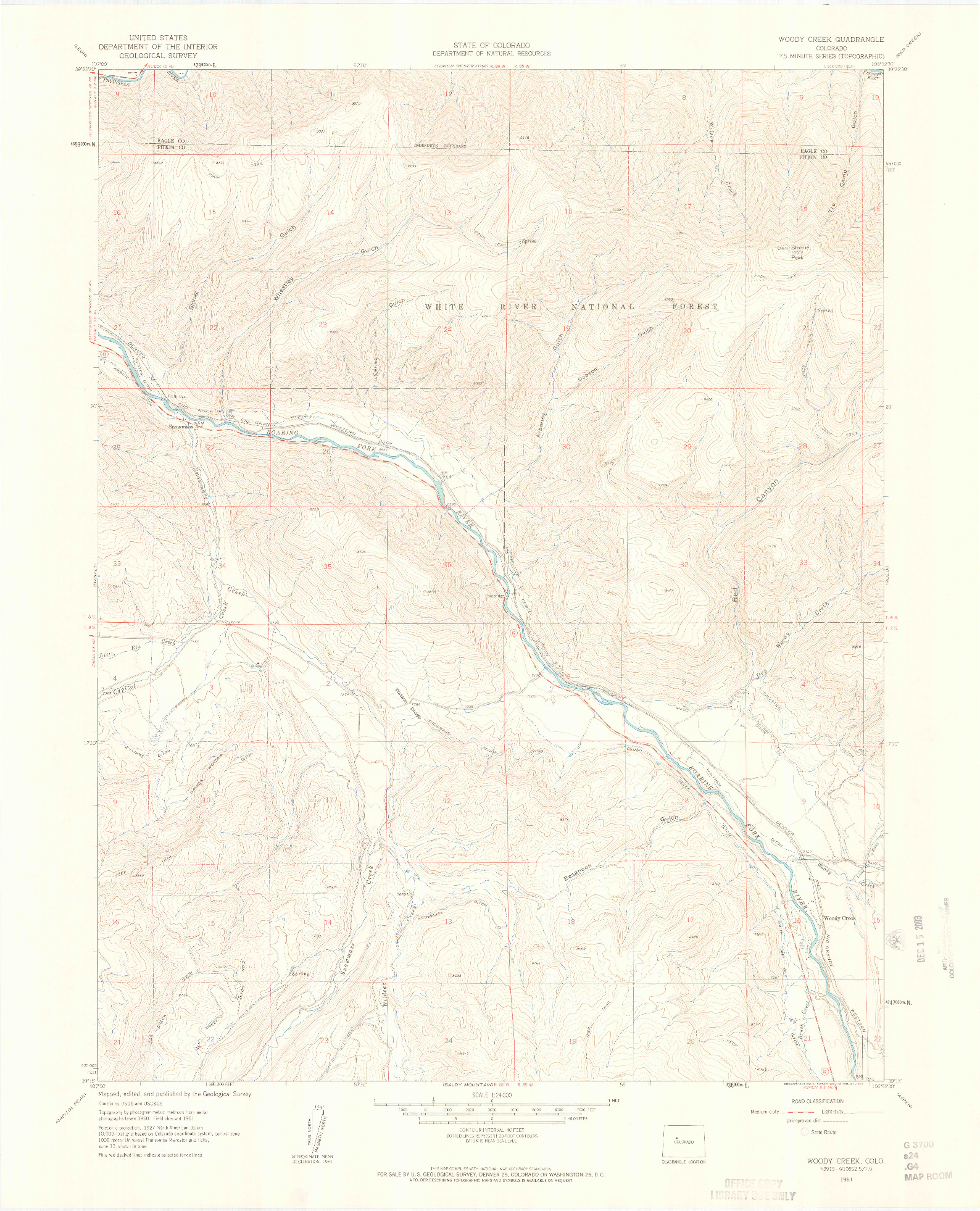 USGS 1:24000-SCALE QUADRANGLE FOR WOODY CREEK, CO 1961