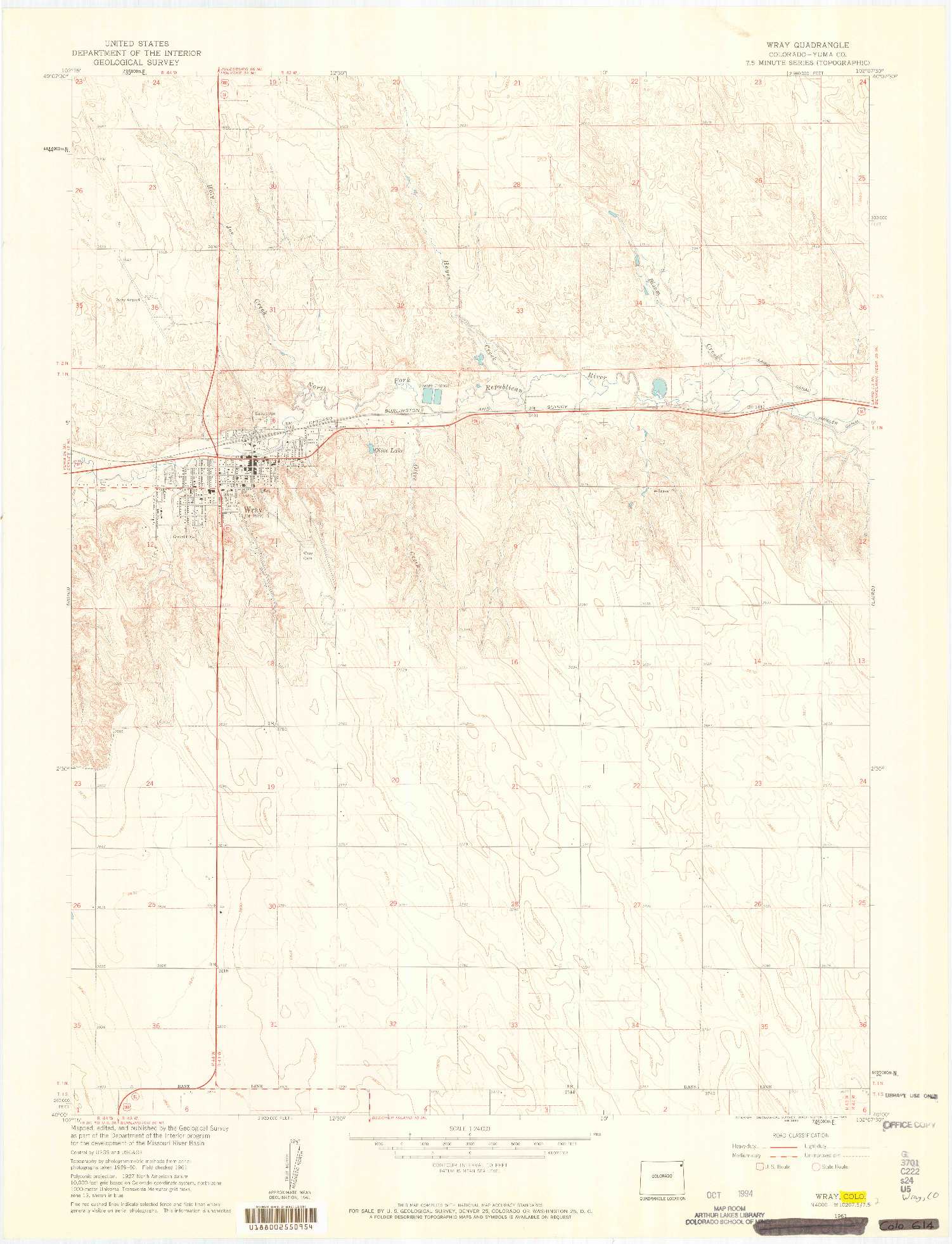 USGS 1:24000-SCALE QUADRANGLE FOR WRAY, CO 1961