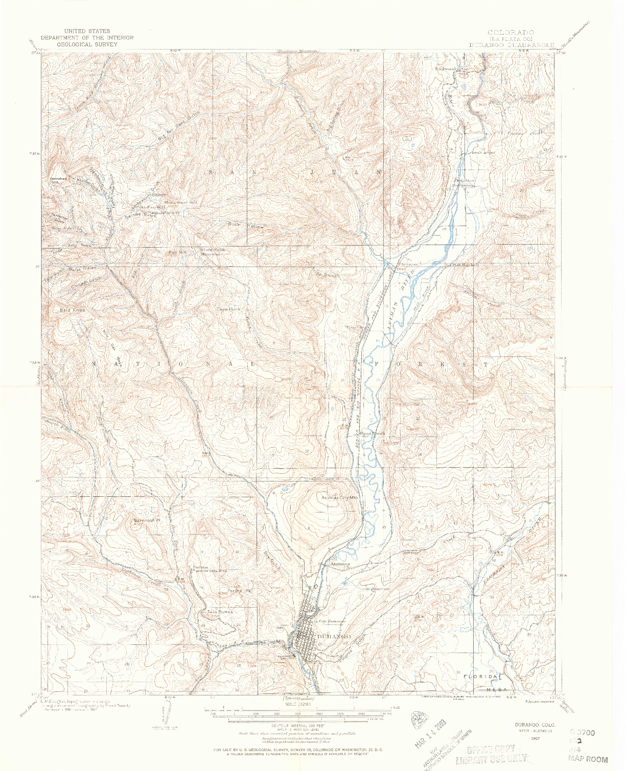 USGS 1:62500-SCALE QUADRANGLE FOR DURANGO, CO 1907