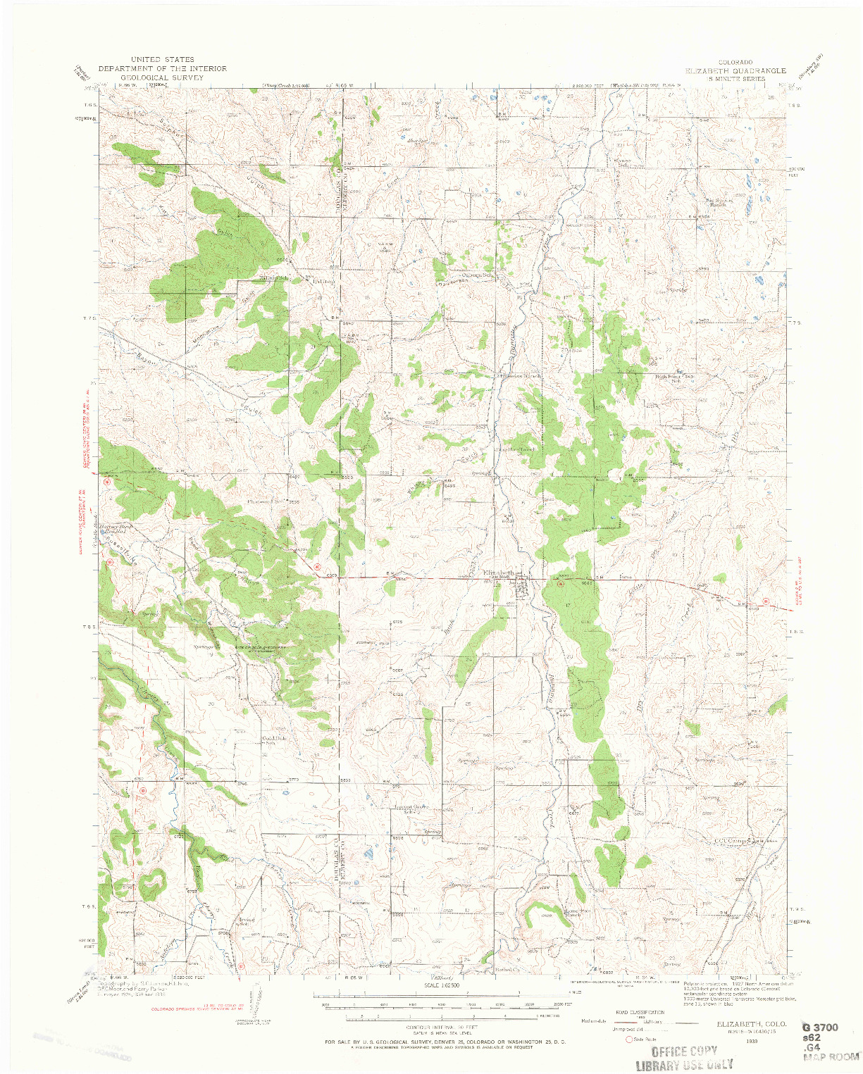 USGS 1:62500-SCALE QUADRANGLE FOR ELIZABETH, CO 1939