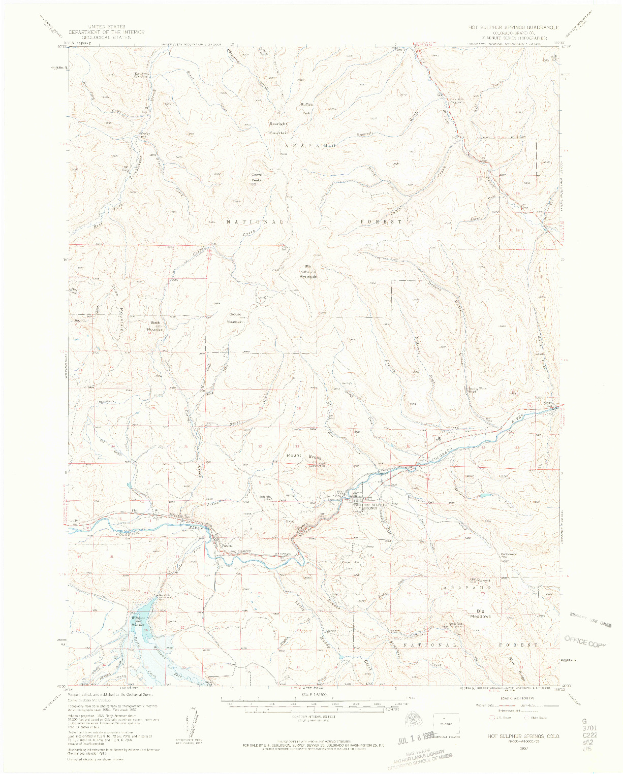 USGS 1:62500-SCALE QUADRANGLE FOR HOT SULPHER SPRINGS, CO 1957