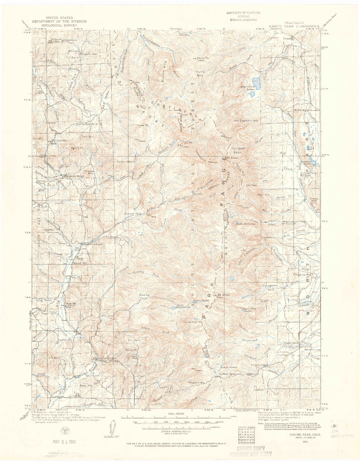 USGS 1:125000-SCALE QUADRANGLE FOR HAHNS PEAK, CO 1911