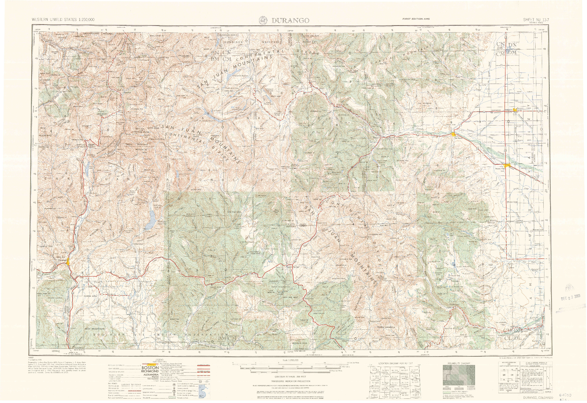 USGS 1:250000-SCALE QUADRANGLE FOR DURANGO, CO 1963