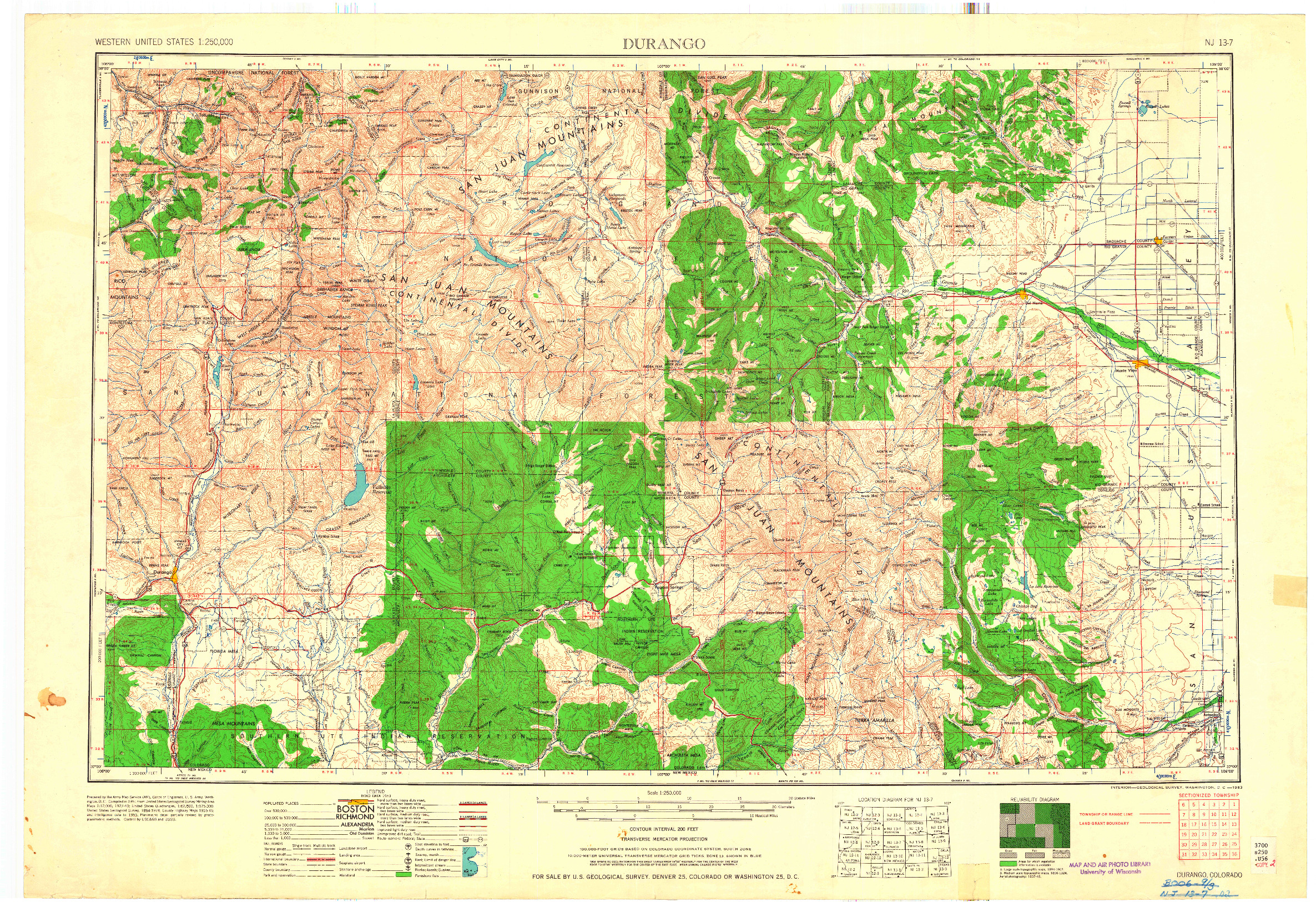 USGS 1:250000-SCALE QUADRANGLE FOR DURANGO, CO 1953