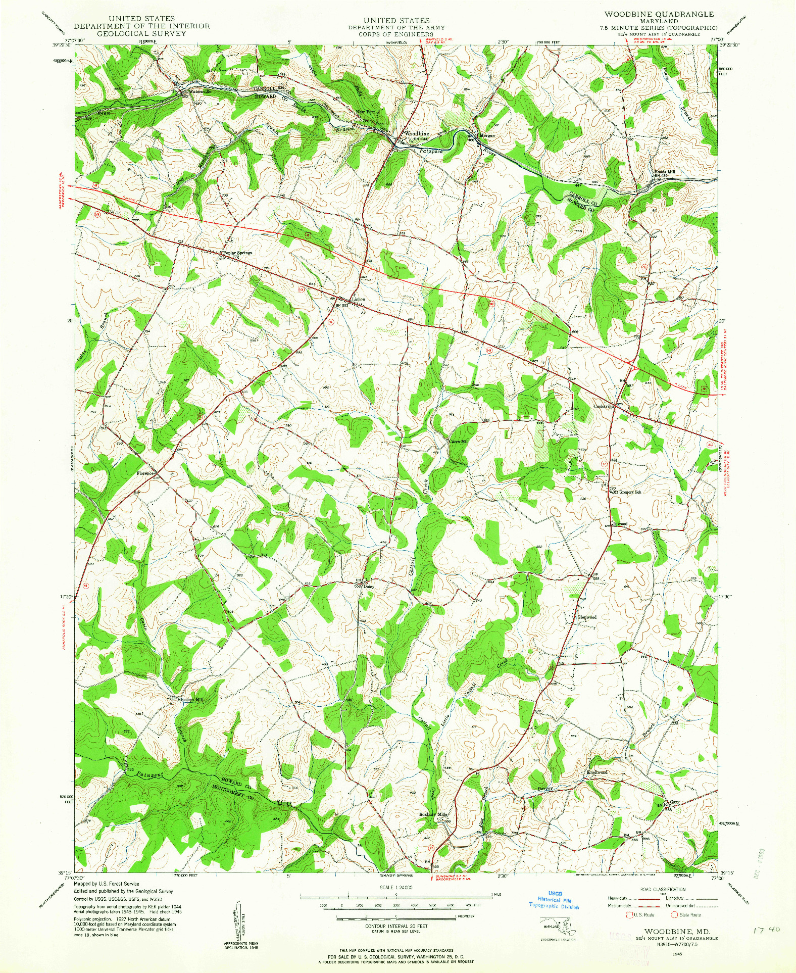 USGS 1:24000-SCALE QUADRANGLE FOR WOODBINE, MD 1945