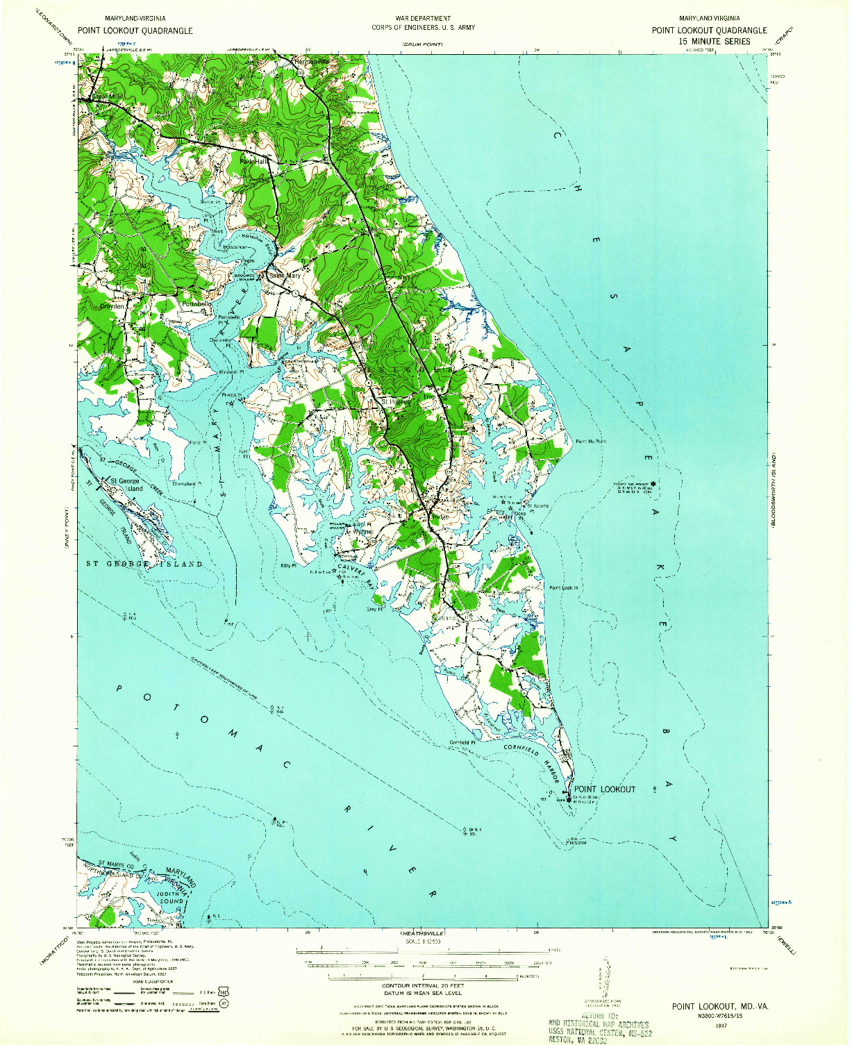 USGS 1:62500-SCALE QUADRANGLE FOR POINT LOOKOUT, MD 1937