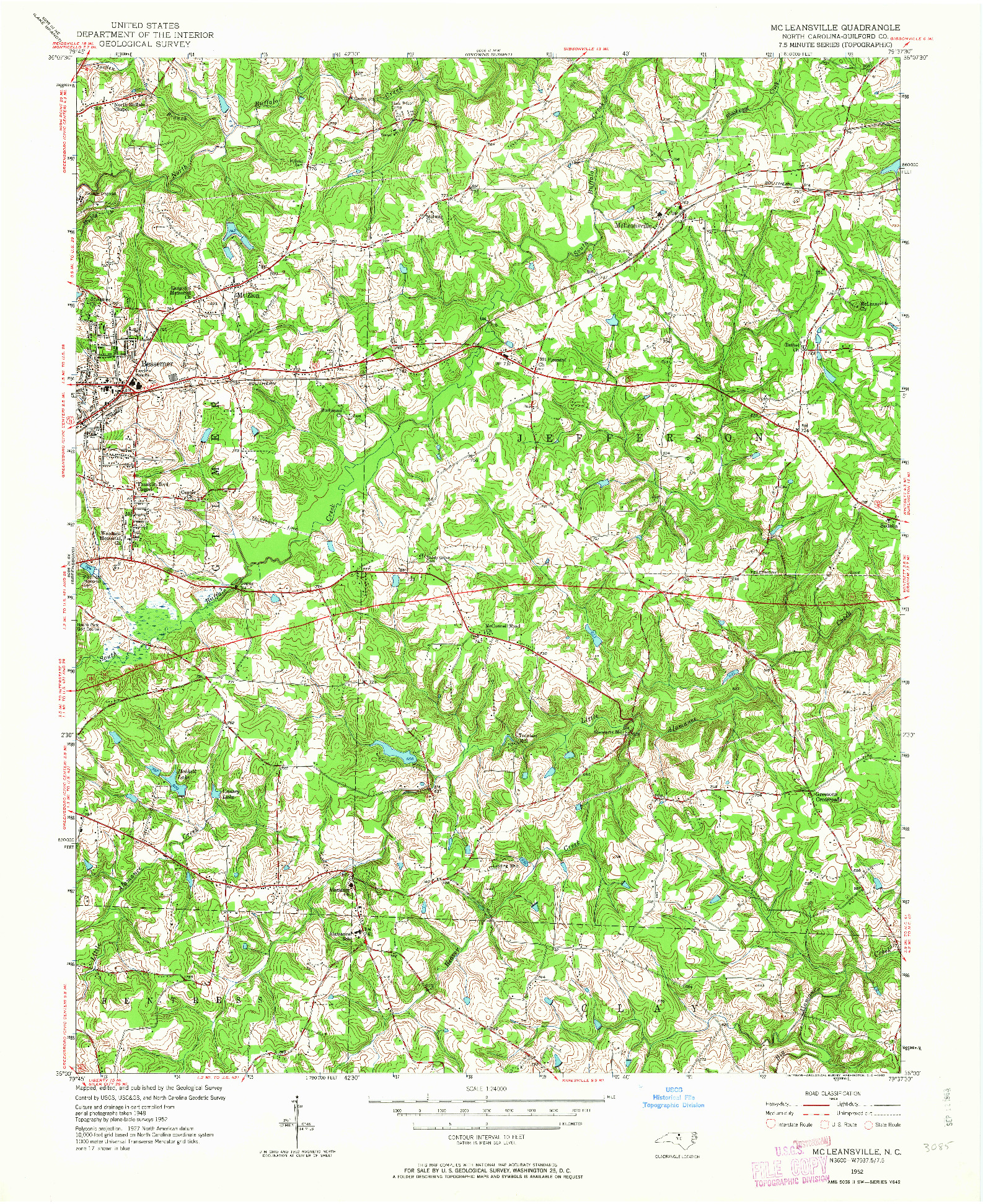 USGS 1:24000-SCALE QUADRANGLE FOR MC LEANSVILLE, NC 1952