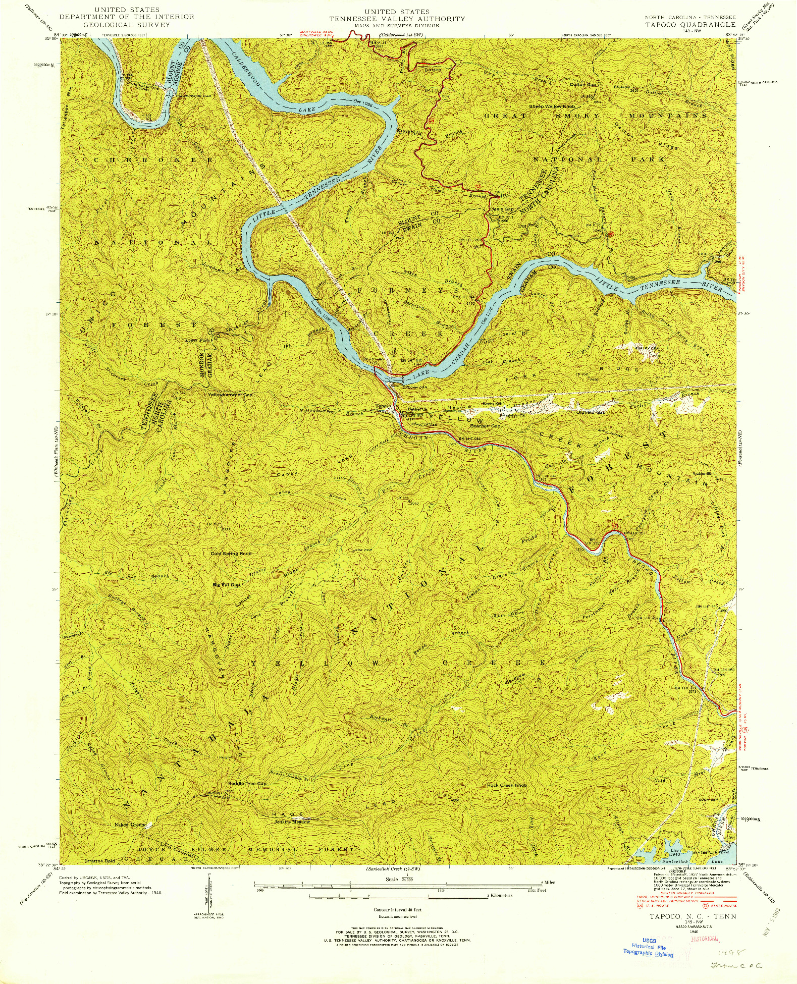 USGS 1:24000-SCALE QUADRANGLE FOR TAPOCO, NC 1940