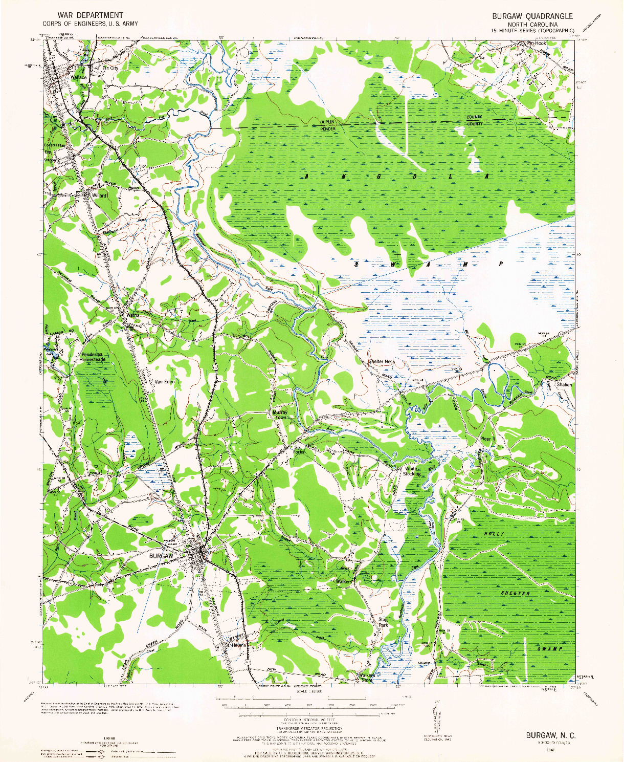 USGS 1:62500-SCALE QUADRANGLE FOR BURGAW, NC 1942