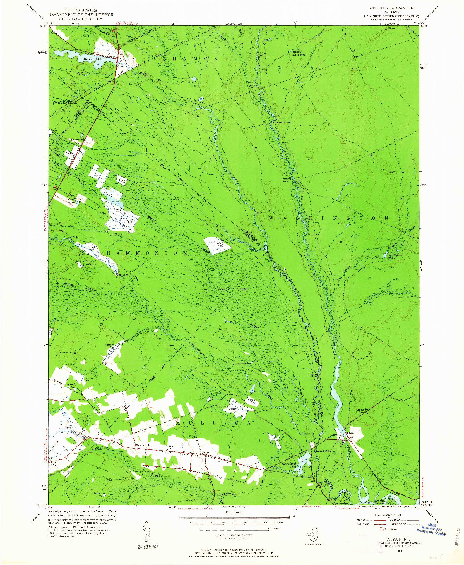 USGS 1:24000-SCALE QUADRANGLE FOR ATSION, NJ 1953