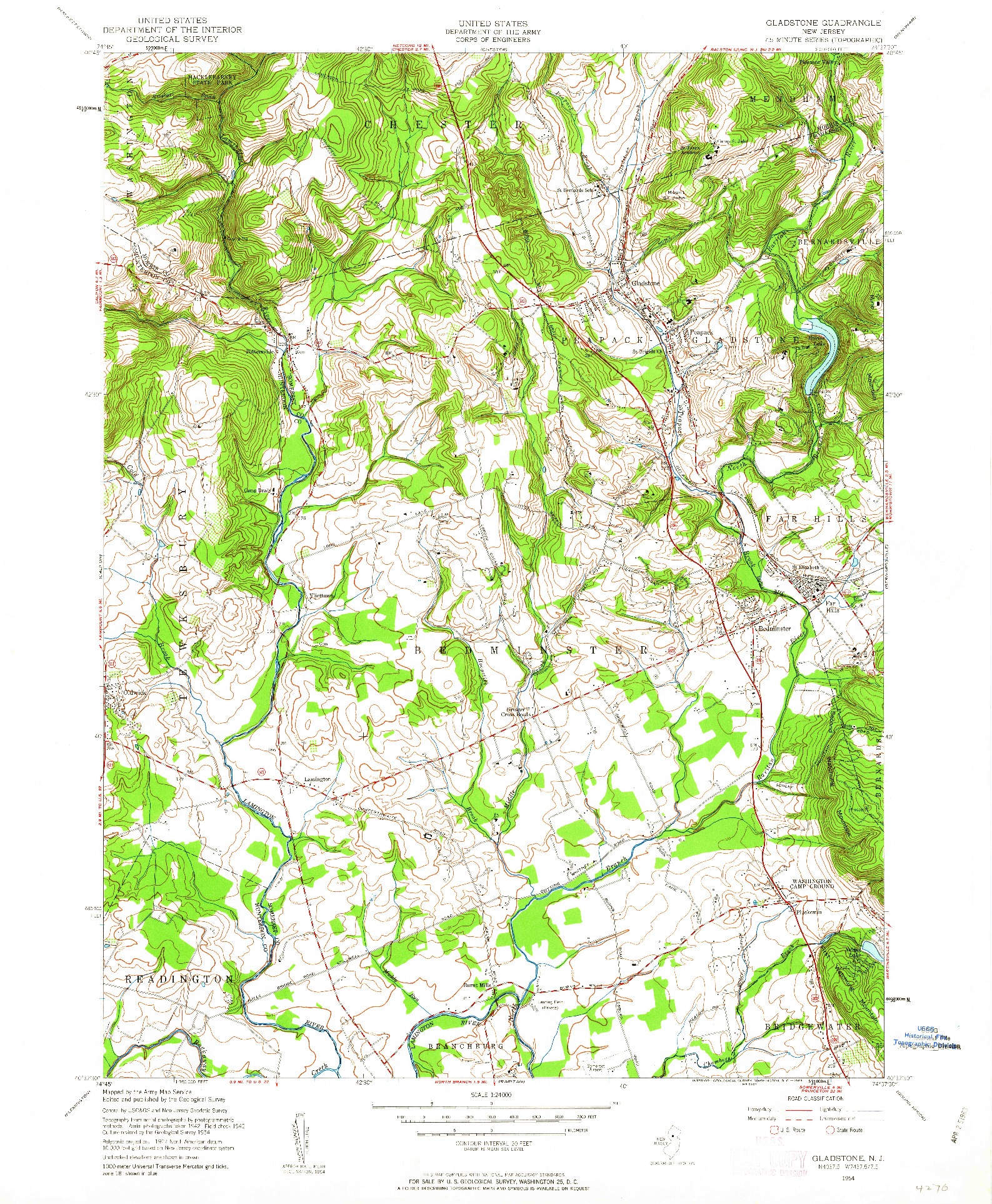 USGS 1:24000-SCALE QUADRANGLE FOR GLADSTONE, NJ 1954