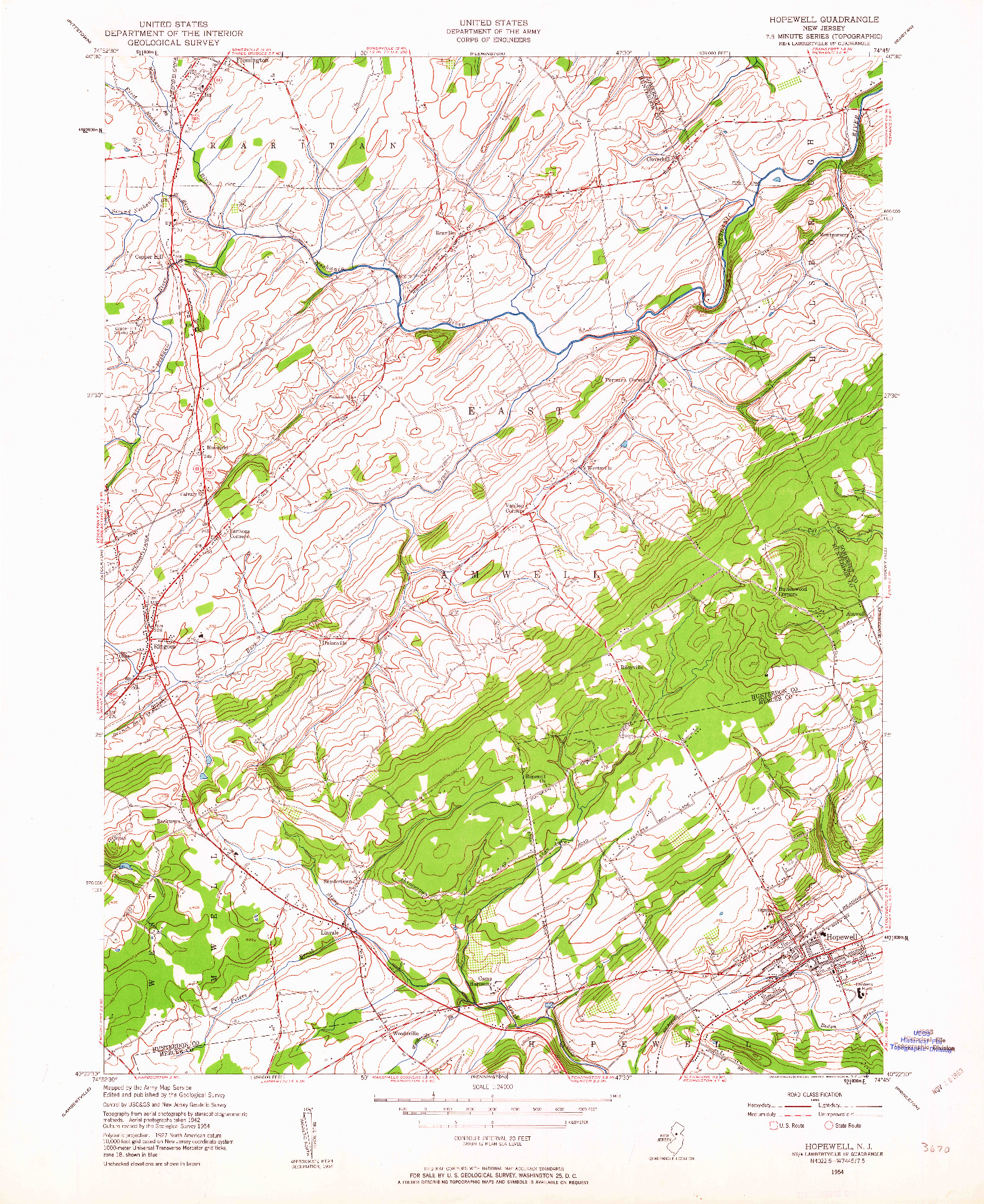 USGS 1:24000-SCALE QUADRANGLE FOR HOPEWELL, NJ 1954