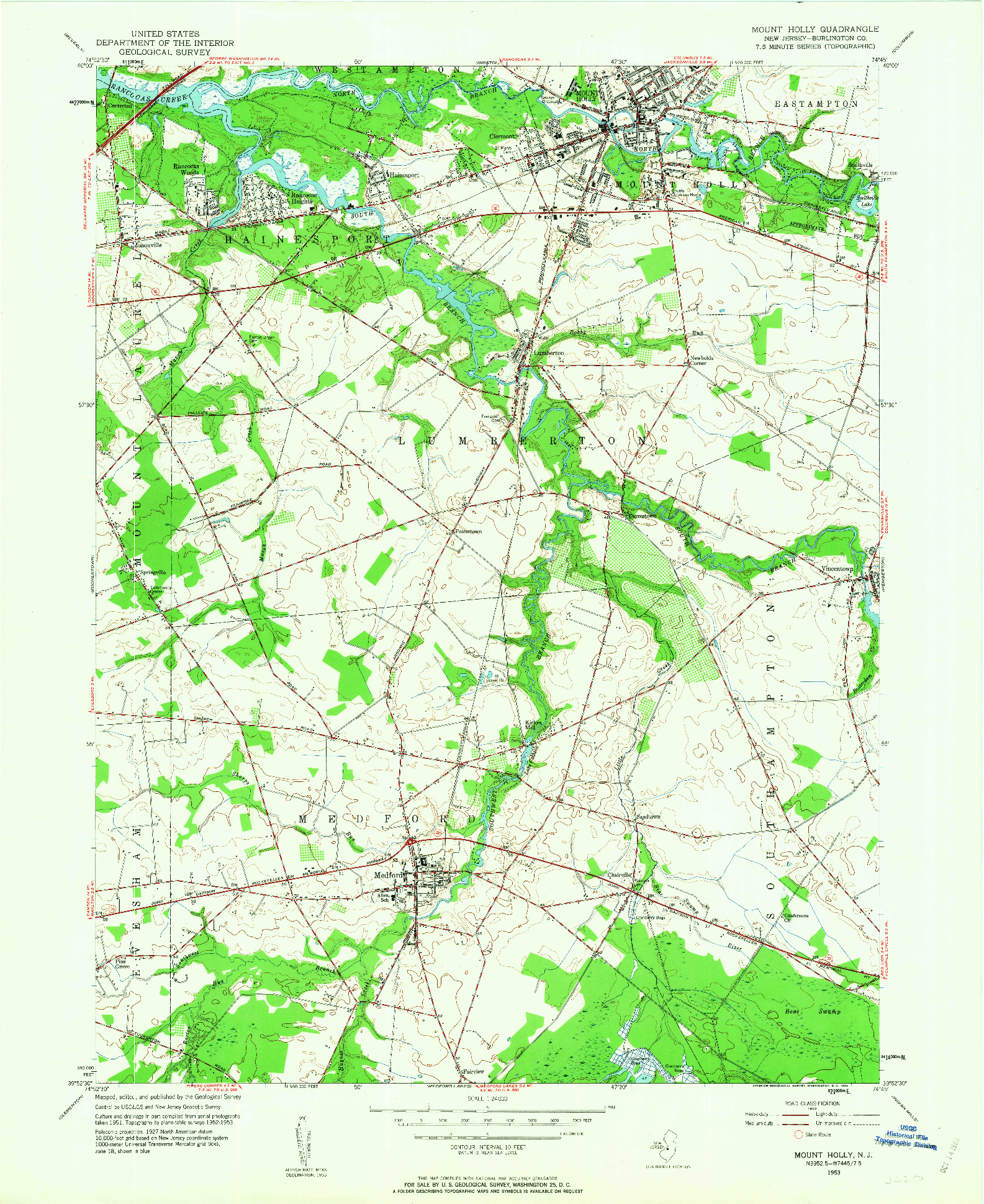 USGS 1:24000-SCALE QUADRANGLE FOR MOUNT HOLLY, NJ 1953