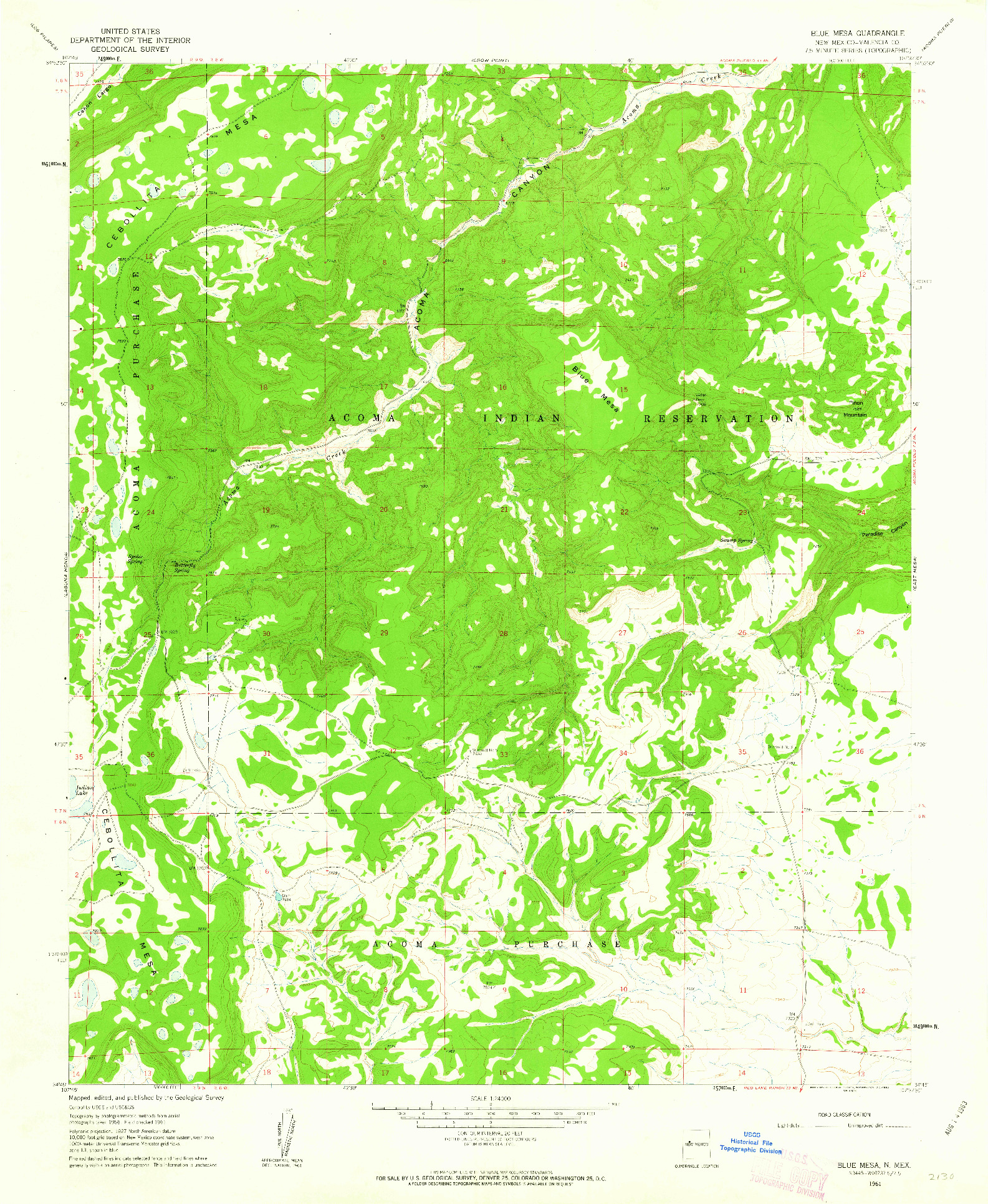 USGS 1:24000-SCALE QUADRANGLE FOR BLUE MESA, NM 1961