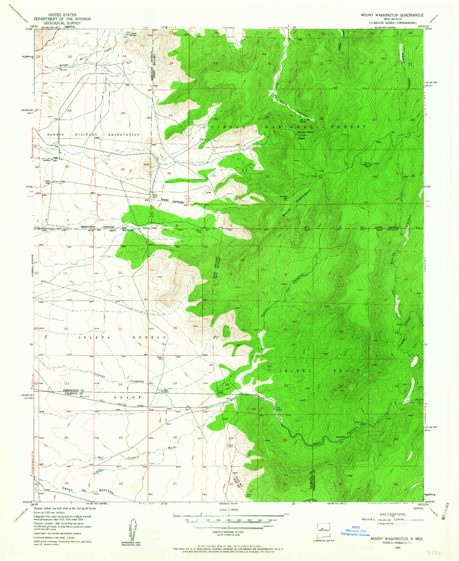 USGS 1:24000-SCALE QUADRANGLE FOR MOUNT WASHINGTON, NM 1954