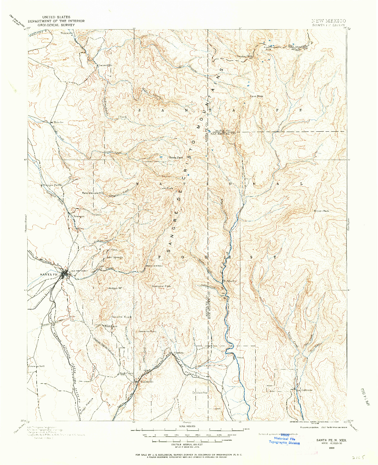 USGS 1:125000-SCALE QUADRANGLE FOR SANTA FE, NM 1889
