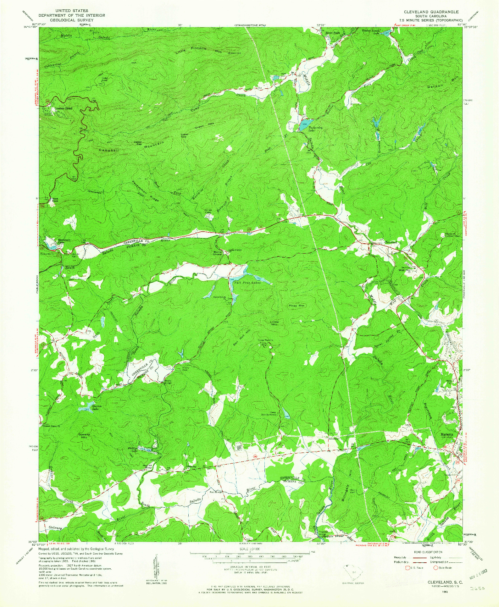 USGS 1:24000-SCALE QUADRANGLE FOR CLEVELAND, SC 1961