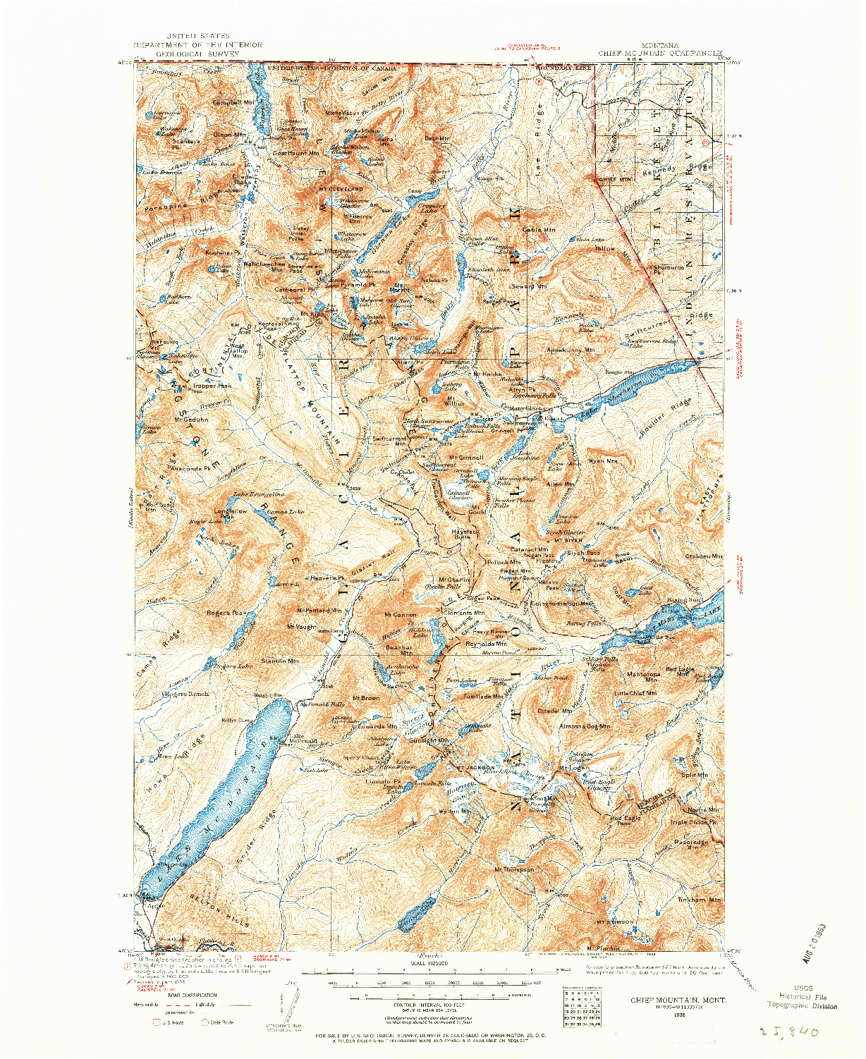 USGS 1:125000-SCALE QUADRANGLE FOR CHIEF MOUNTAIN, MT 1938