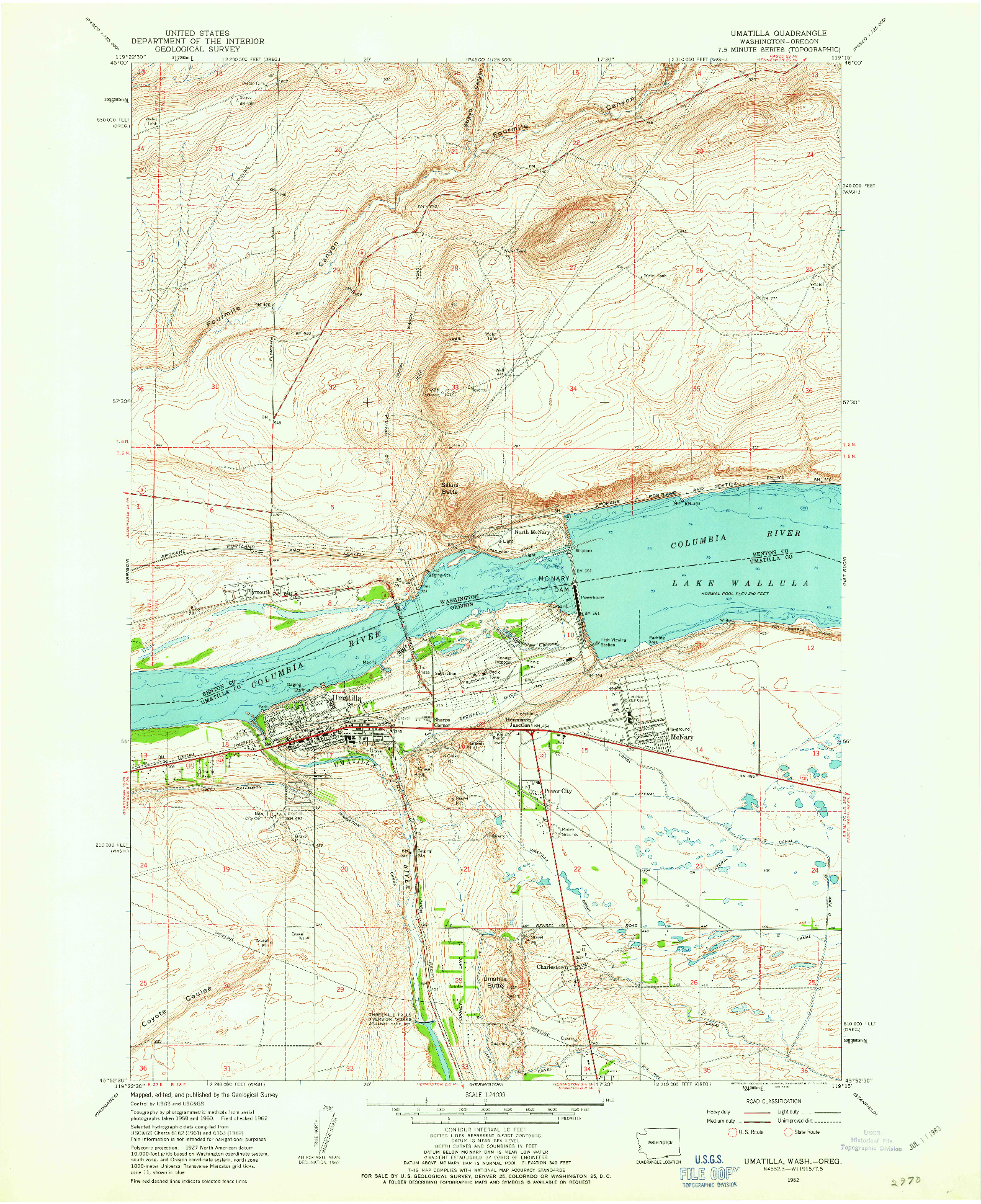 USGS 1:24000-SCALE QUADRANGLE FOR UMATILLA, WA 1962