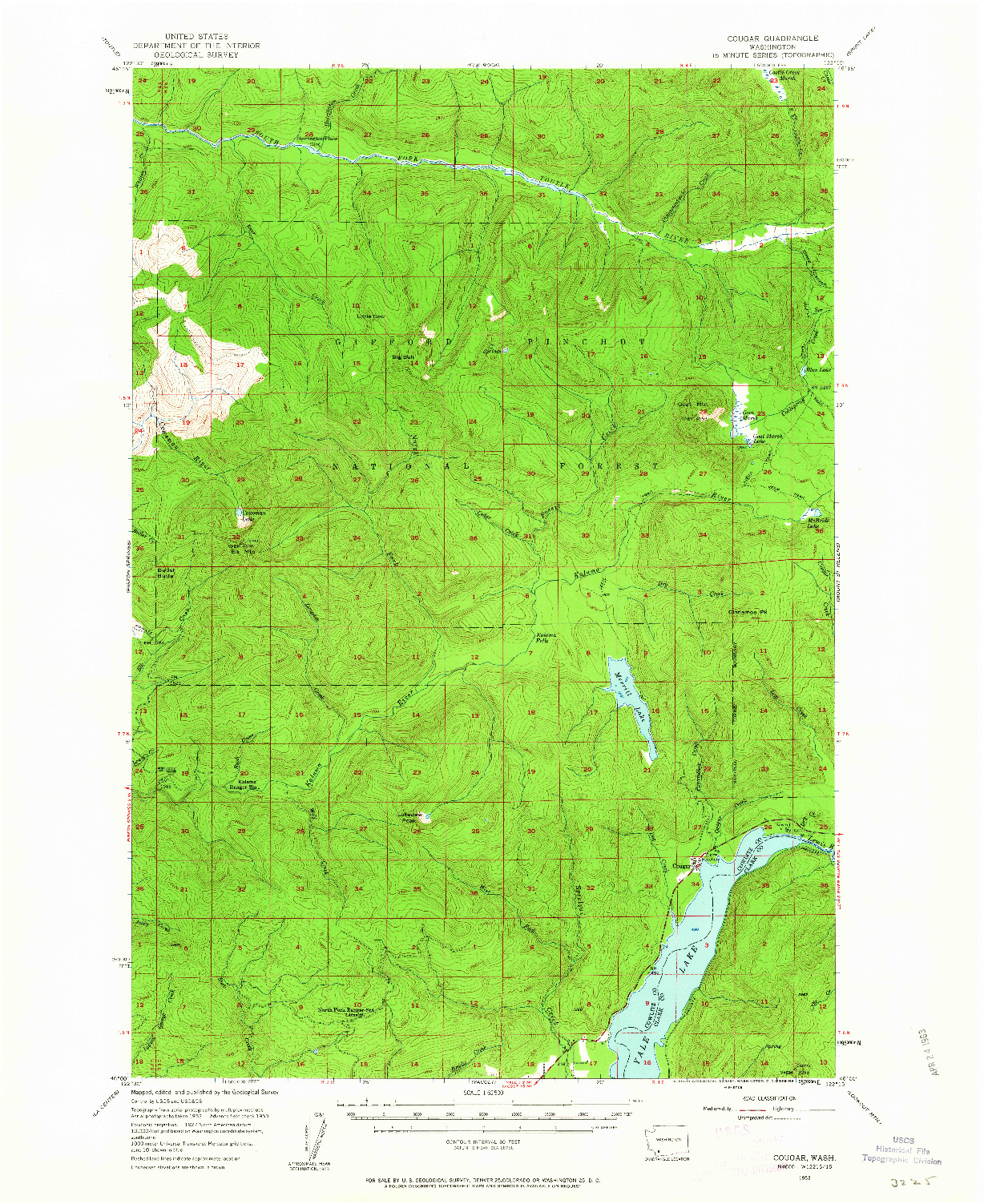 USGS 1:62500-SCALE QUADRANGLE FOR COUGAR, WA 1953