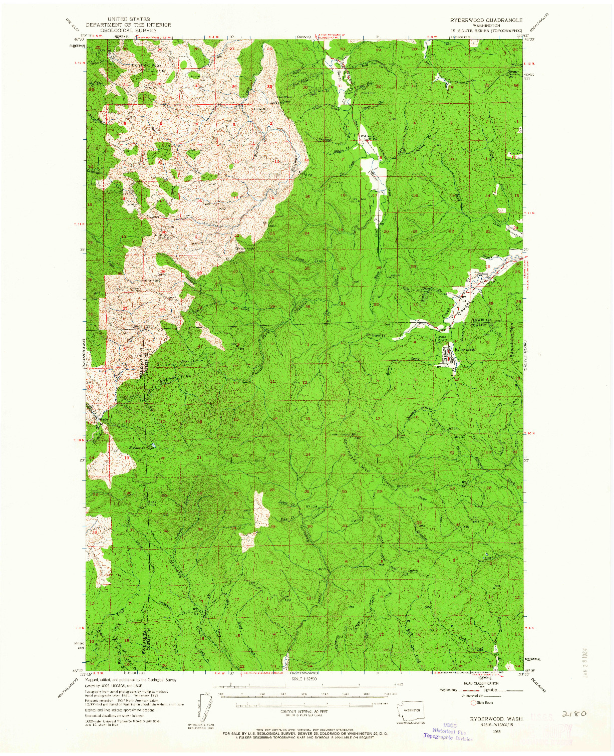 USGS 1:62500-SCALE QUADRANGLE FOR RYDERWOOD, WA 1953