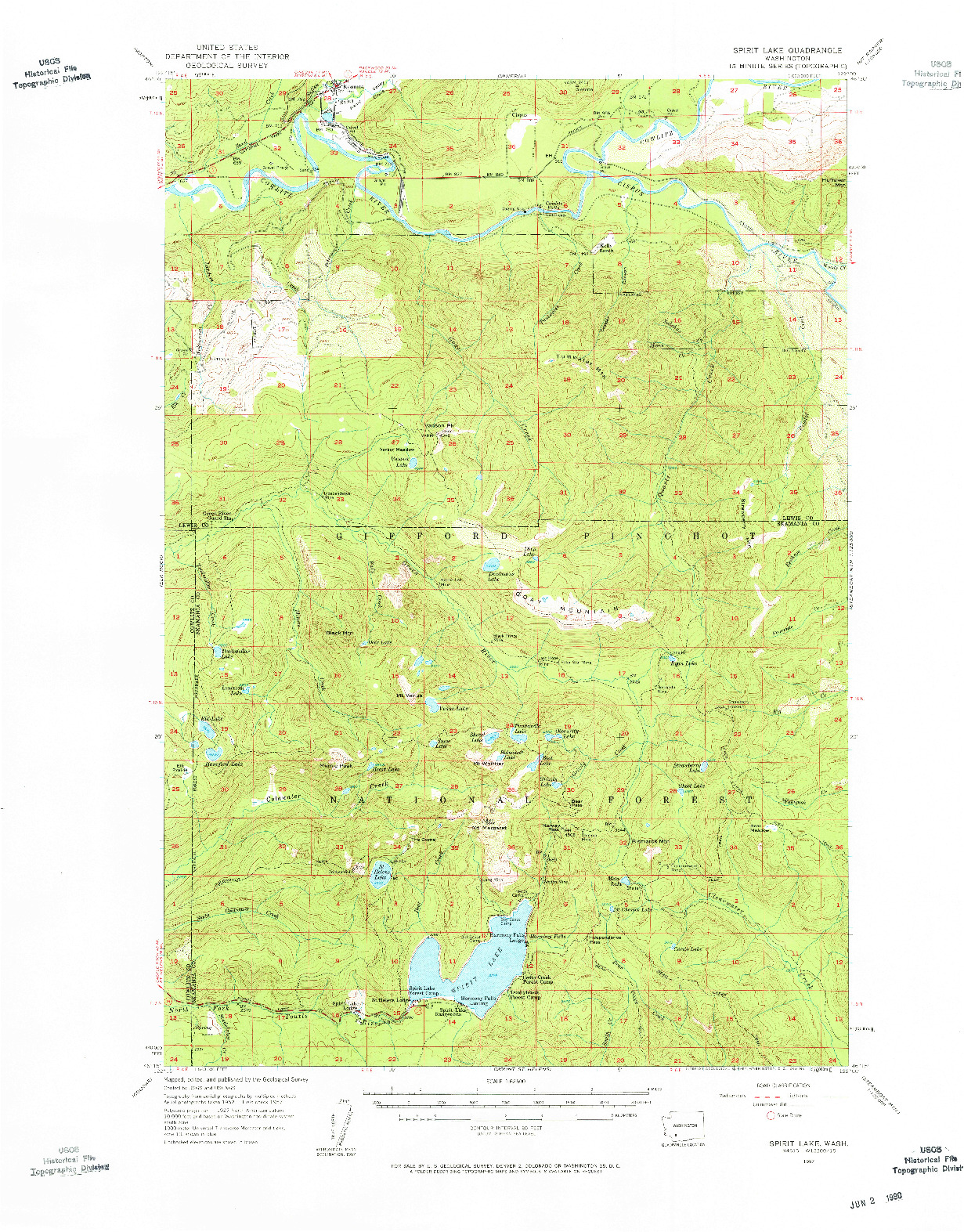 USGS 1:62500-SCALE QUADRANGLE FOR SPIRIT LAKE, WA 1957