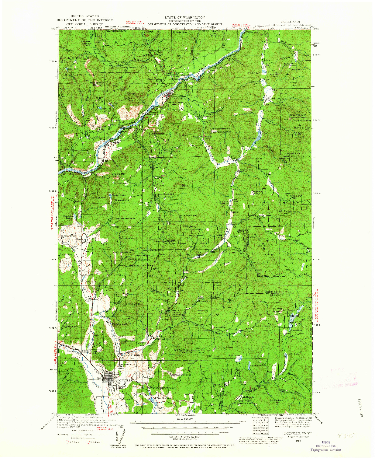 USGS 1:125000-SCALE QUADRANGLE FOR COLVILLE, WA 1929