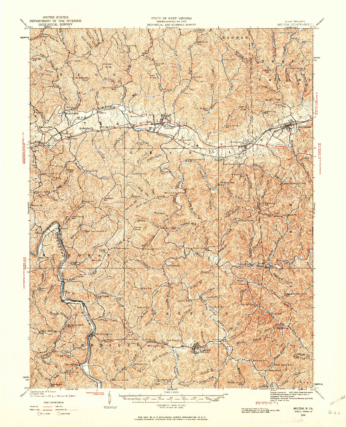 USGS 1:62500-SCALE QUADRANGLE FOR MILTON, WV 1931