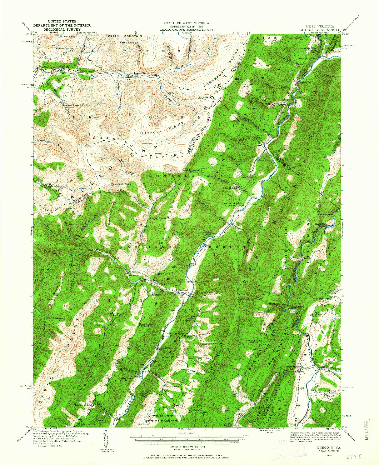 USGS 1:62500-SCALE QUADRANGLE FOR ONEGO, WV 1920