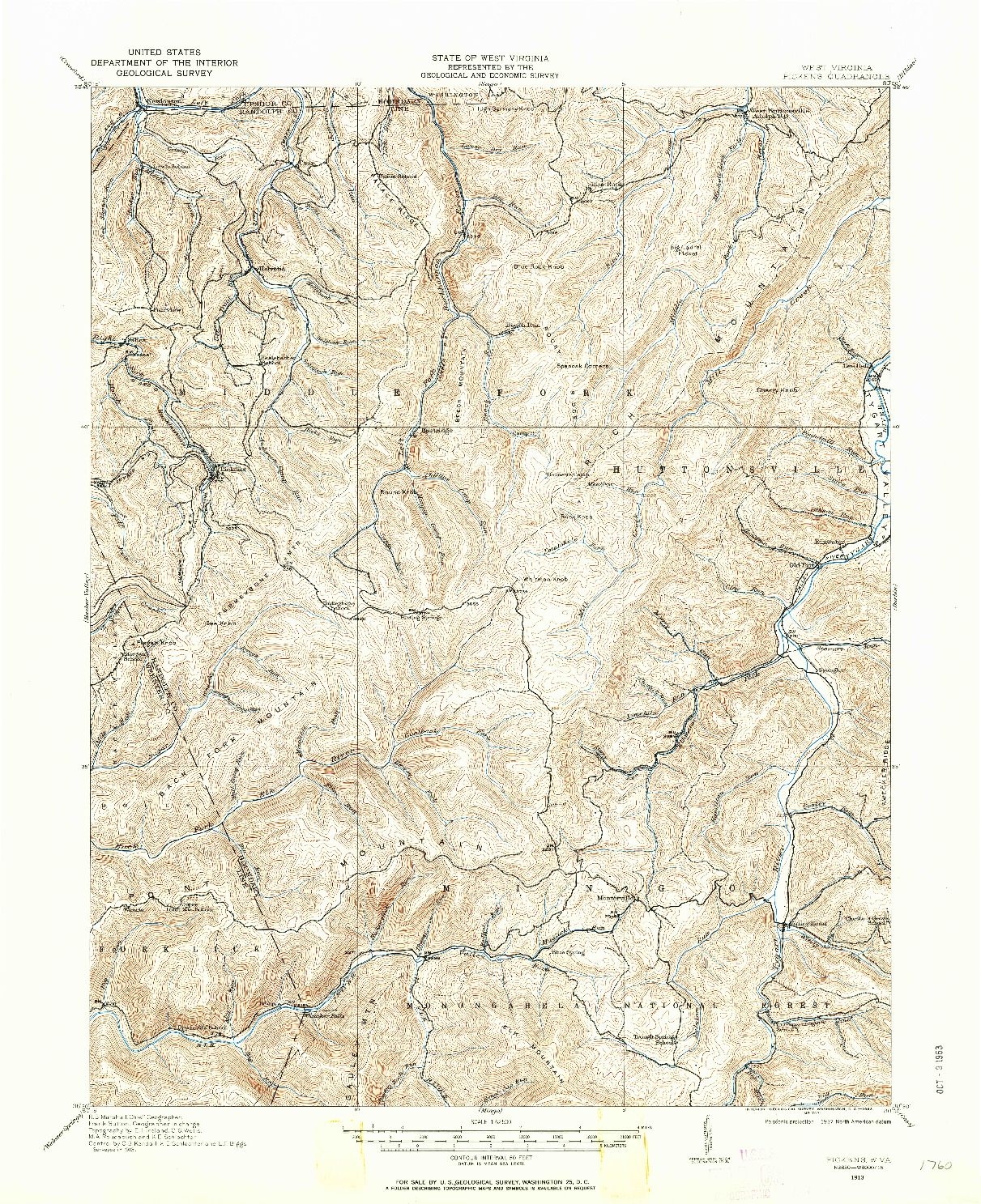 USGS 1:62500-SCALE QUADRANGLE FOR PICKENS, WV 1913