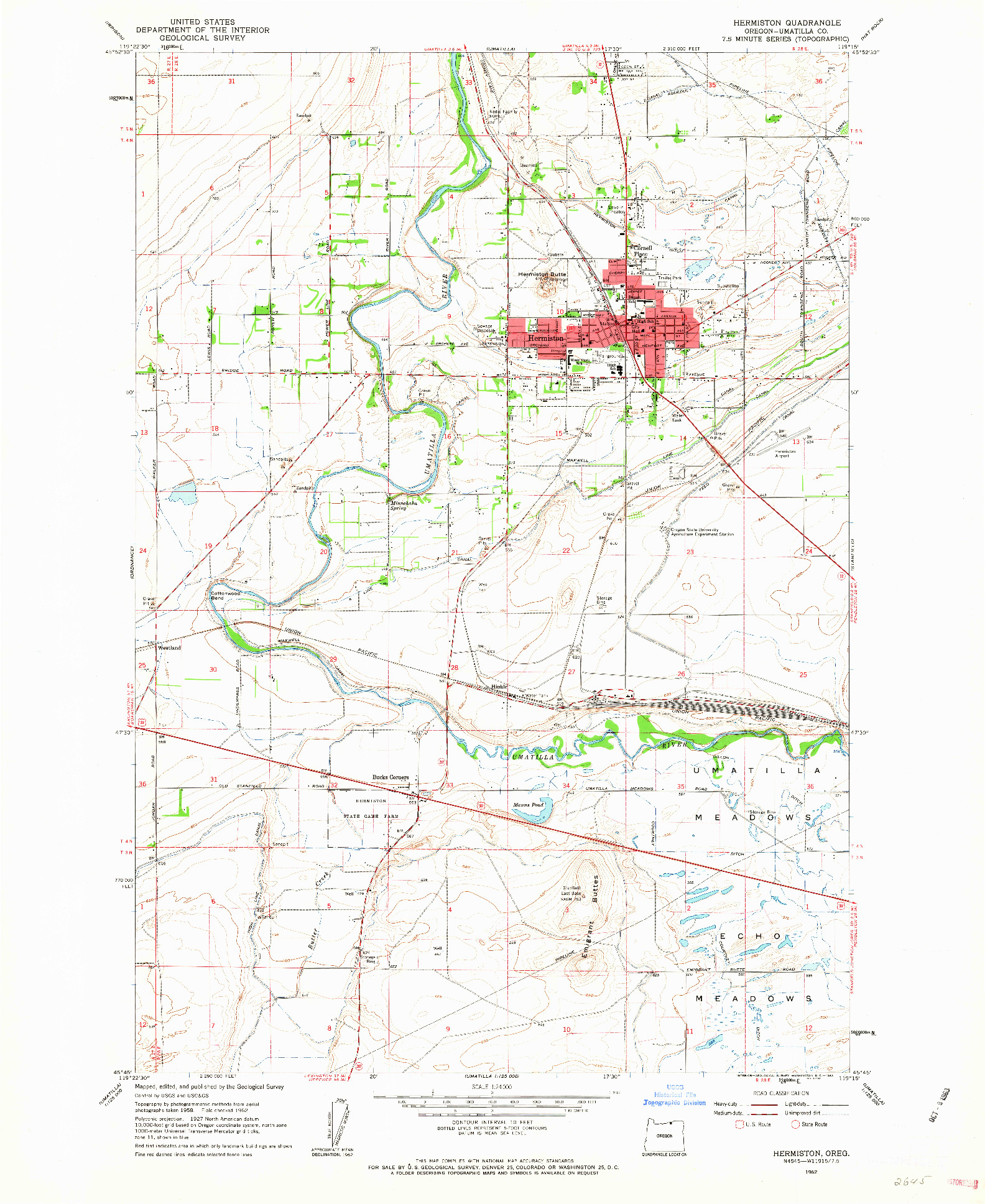 USGS 1:24000-SCALE QUADRANGLE FOR HERMISTON, OR 1962