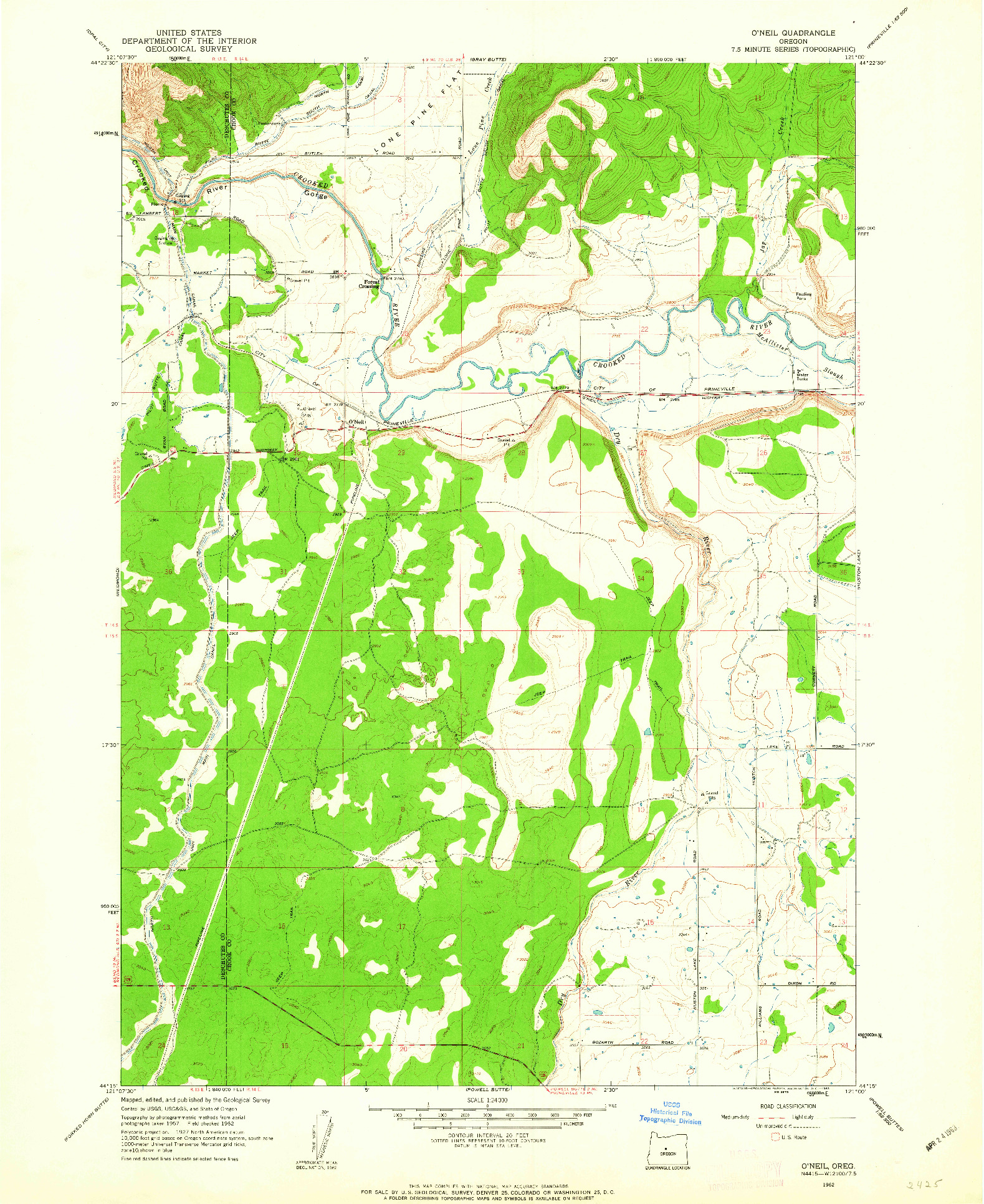 USGS 1:24000-SCALE QUADRANGLE FOR ONEIL, OR 1962