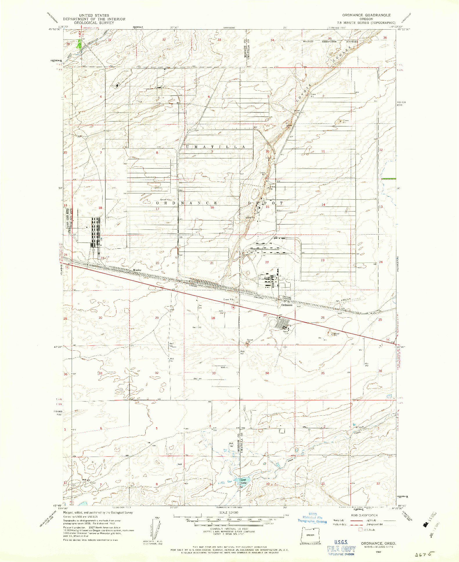 USGS 1:24000-SCALE QUADRANGLE FOR ORDNANCE, OR 1962