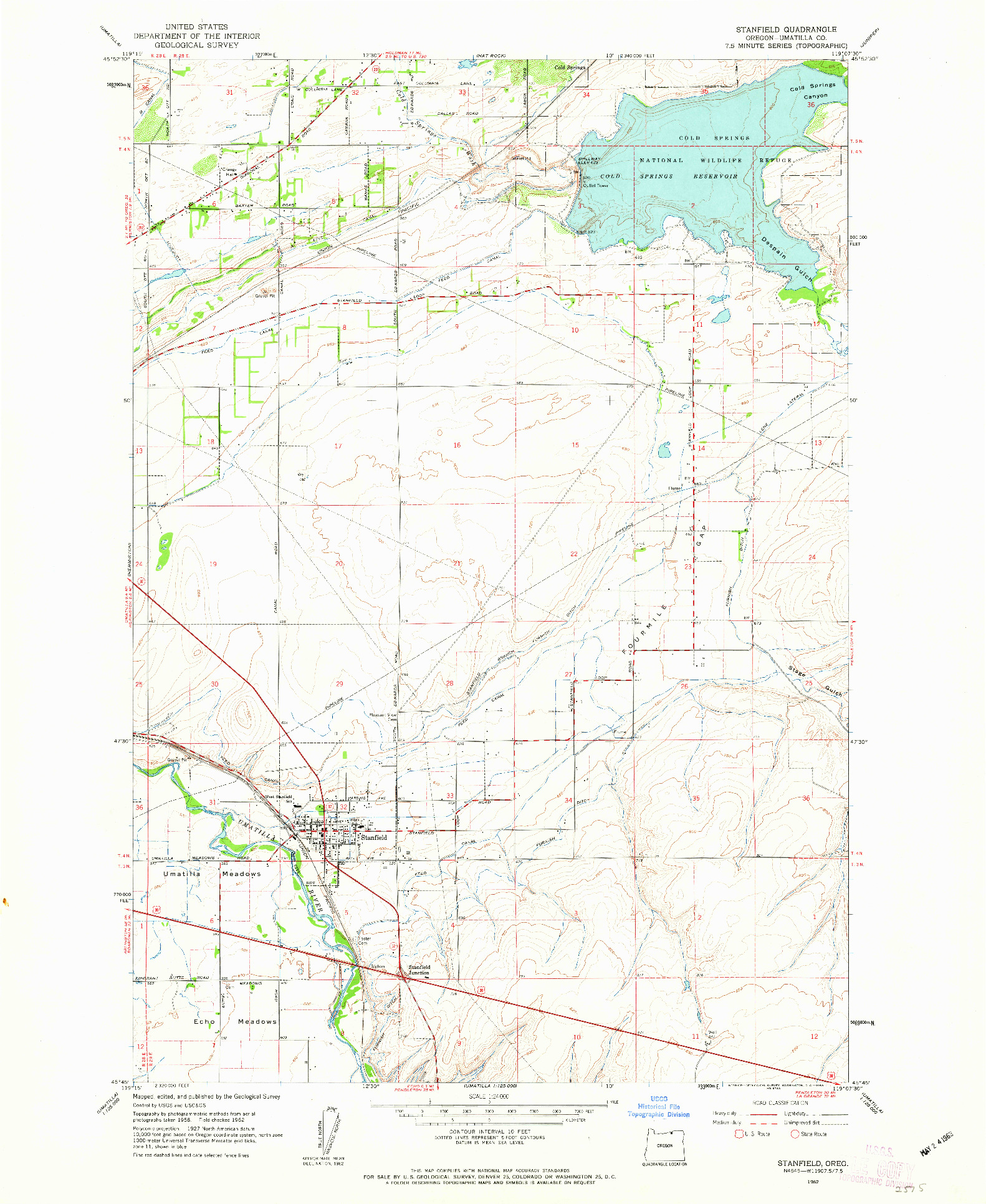 USGS 1:24000-SCALE QUADRANGLE FOR STANFIELD, OR 1962