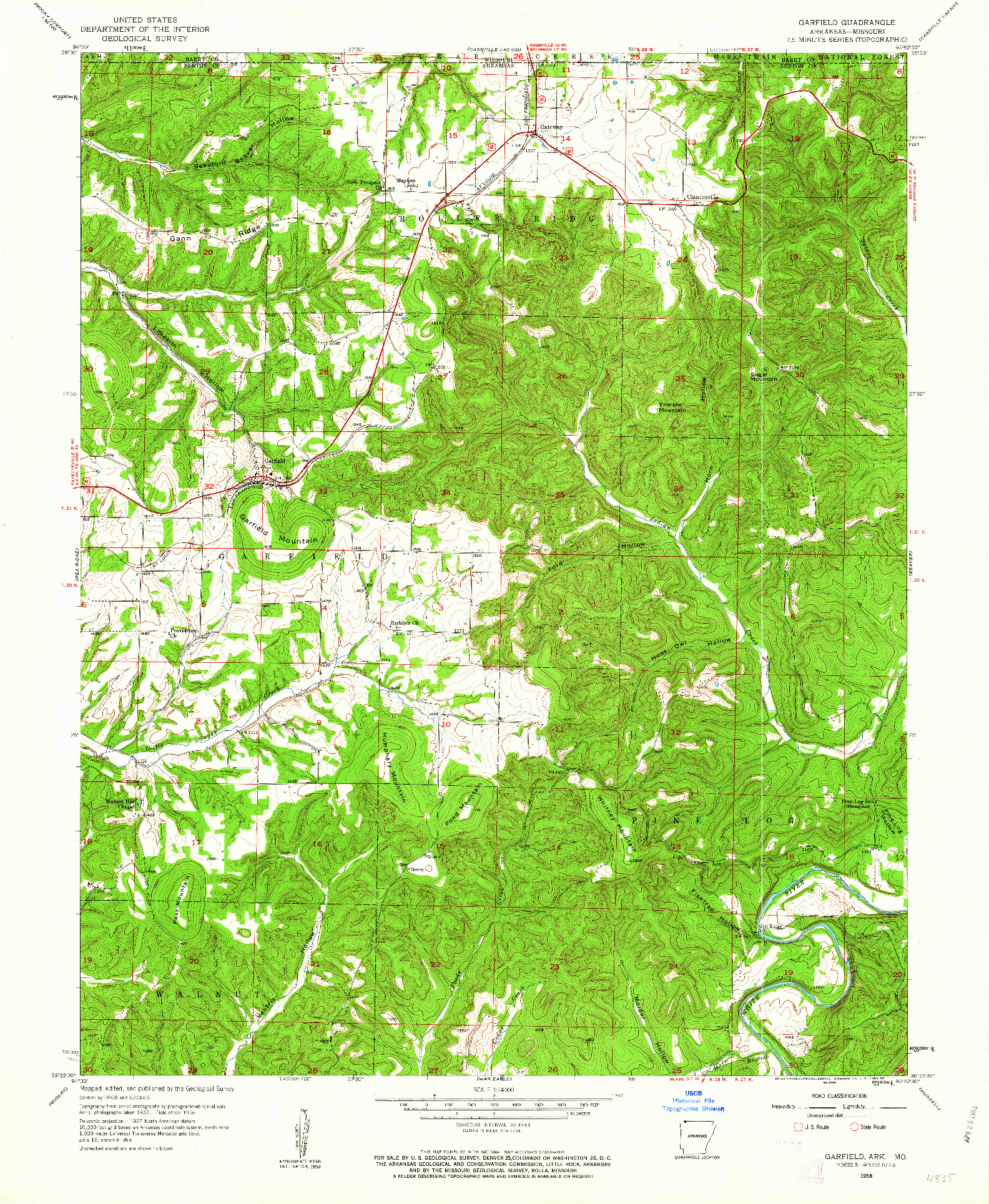 USGS 1:24000-SCALE QUADRANGLE FOR GARFIELD, AR 1958