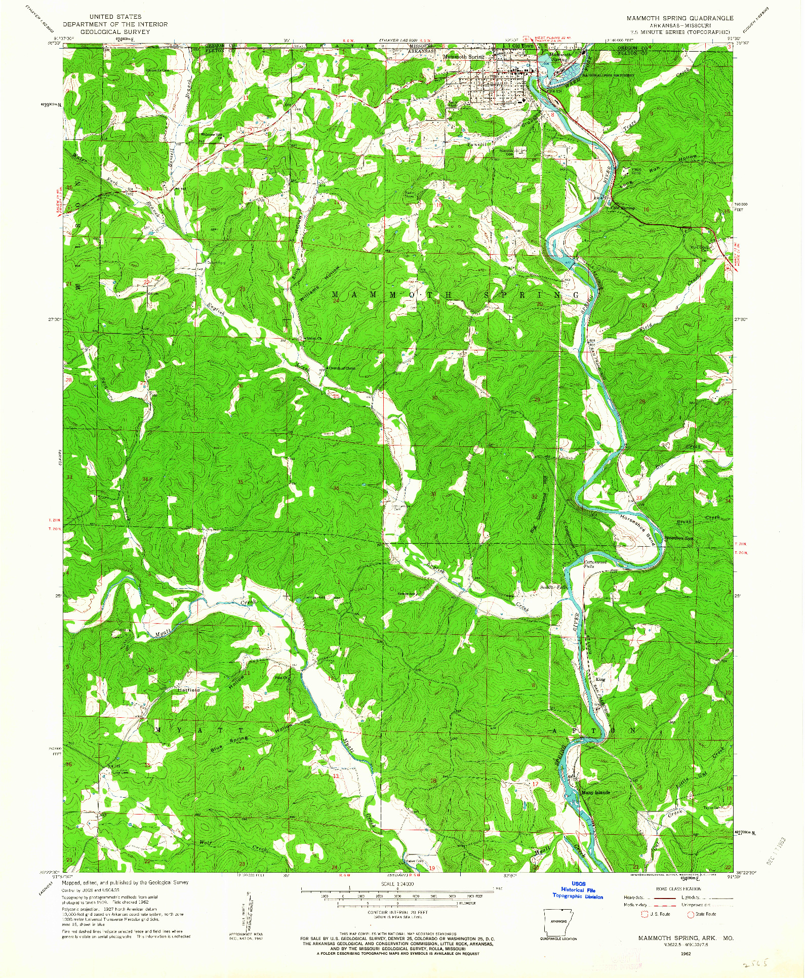 USGS 1:24000-SCALE QUADRANGLE FOR MAMMOTH SPRING, AR 1962