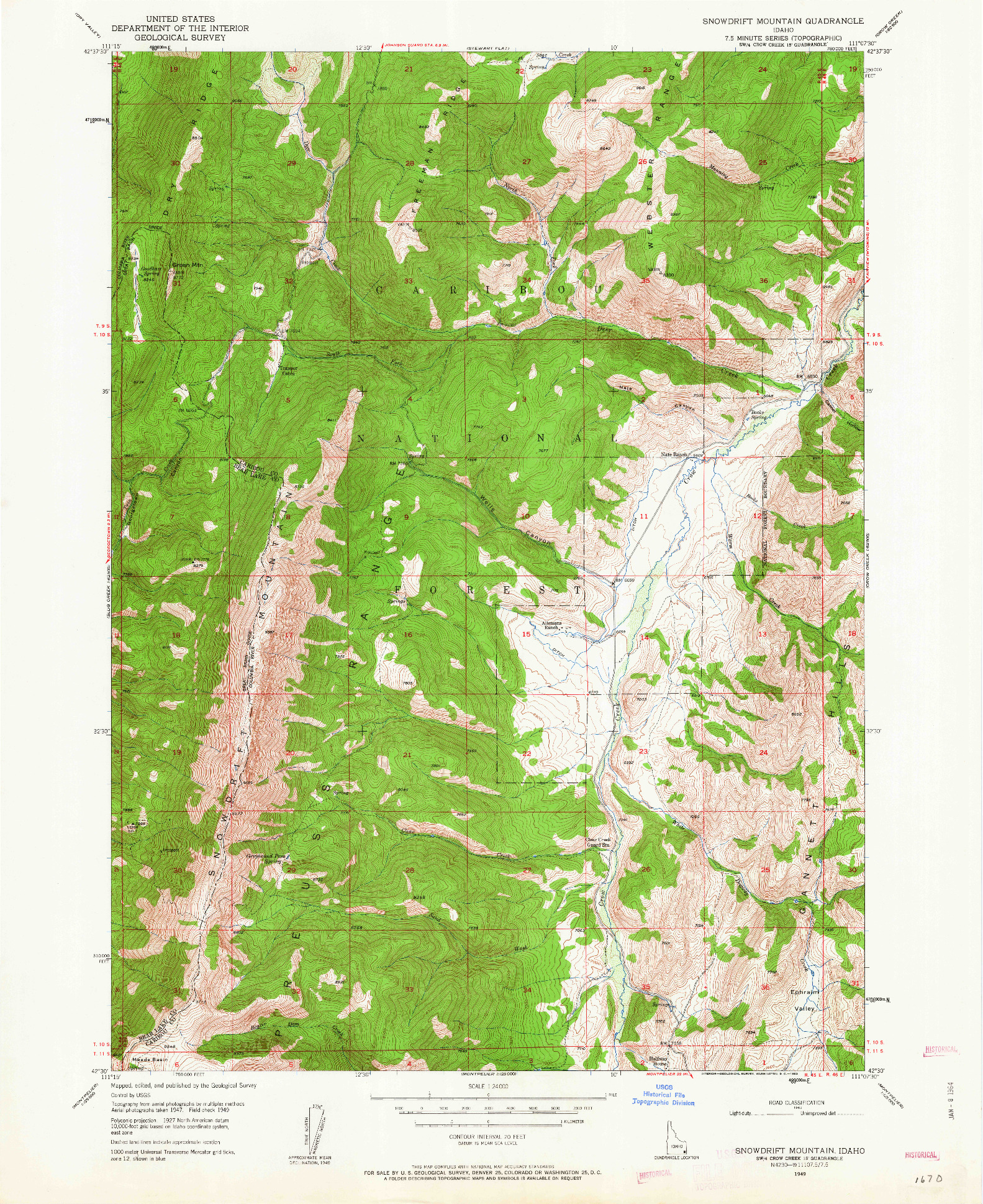 USGS 1:24000-SCALE QUADRANGLE FOR SNOWDRIFT MOUNTAIN, ID 1949