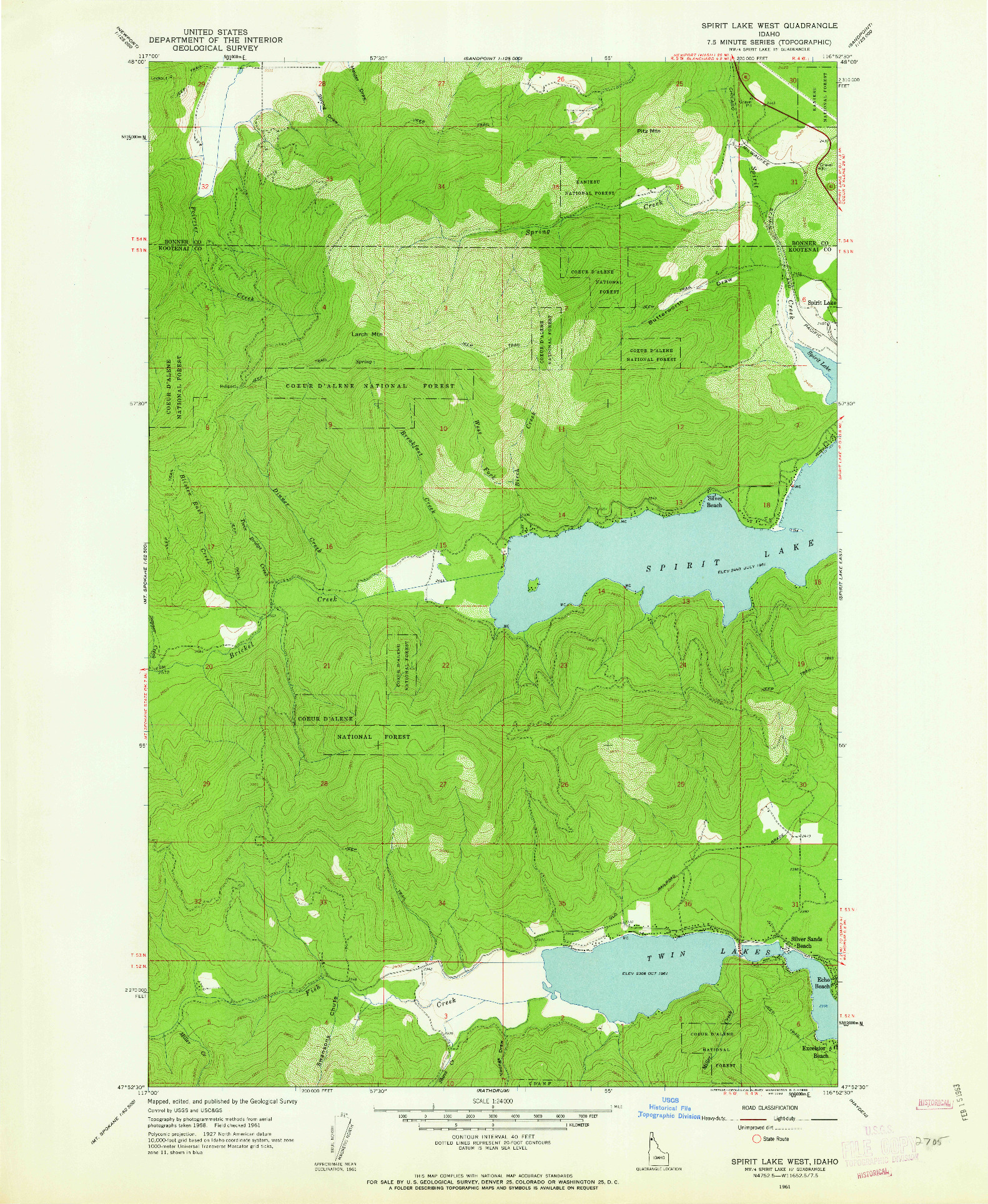 USGS 1:24000-SCALE QUADRANGLE FOR SPIRIT LAKE WEST, ID 1961