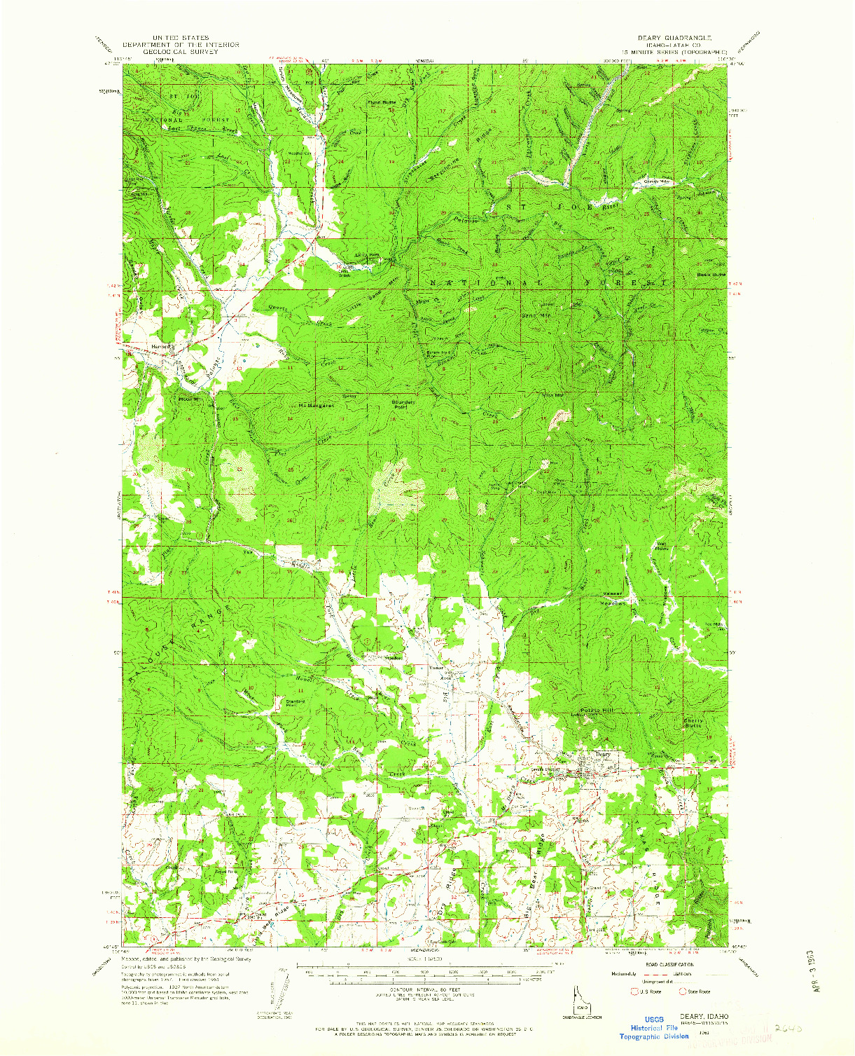 USGS 1:62500-SCALE QUADRANGLE FOR DEARY, ID 1961