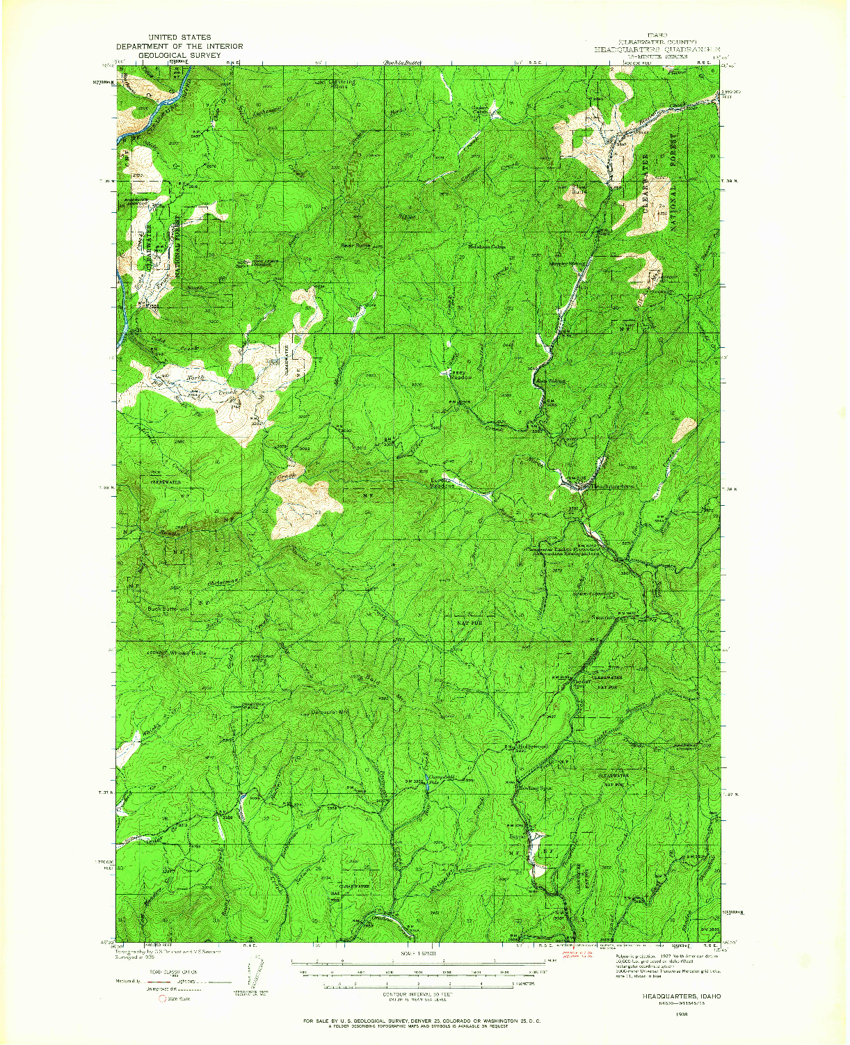 USGS 1:62500-SCALE QUADRANGLE FOR HEADQUARTERS, ID 1938