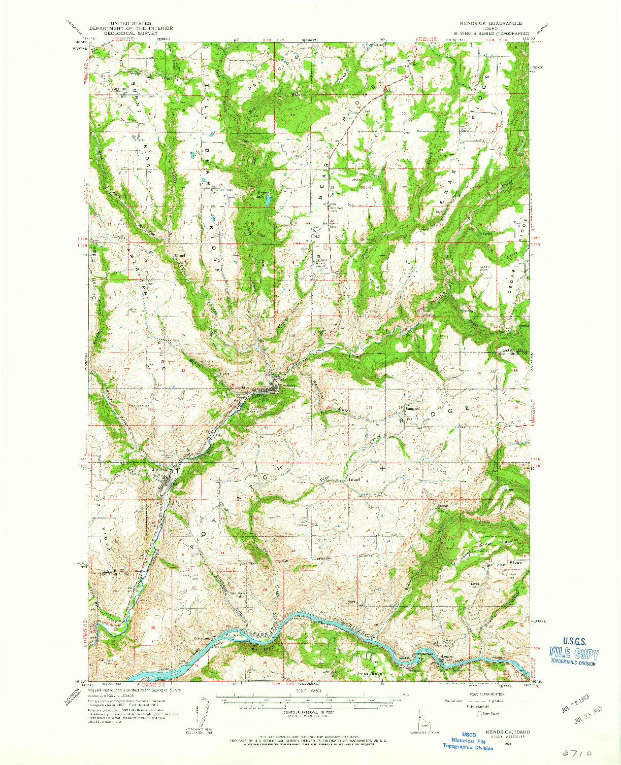 USGS 1:62500-SCALE QUADRANGLE FOR KENDRICK, ID 1961