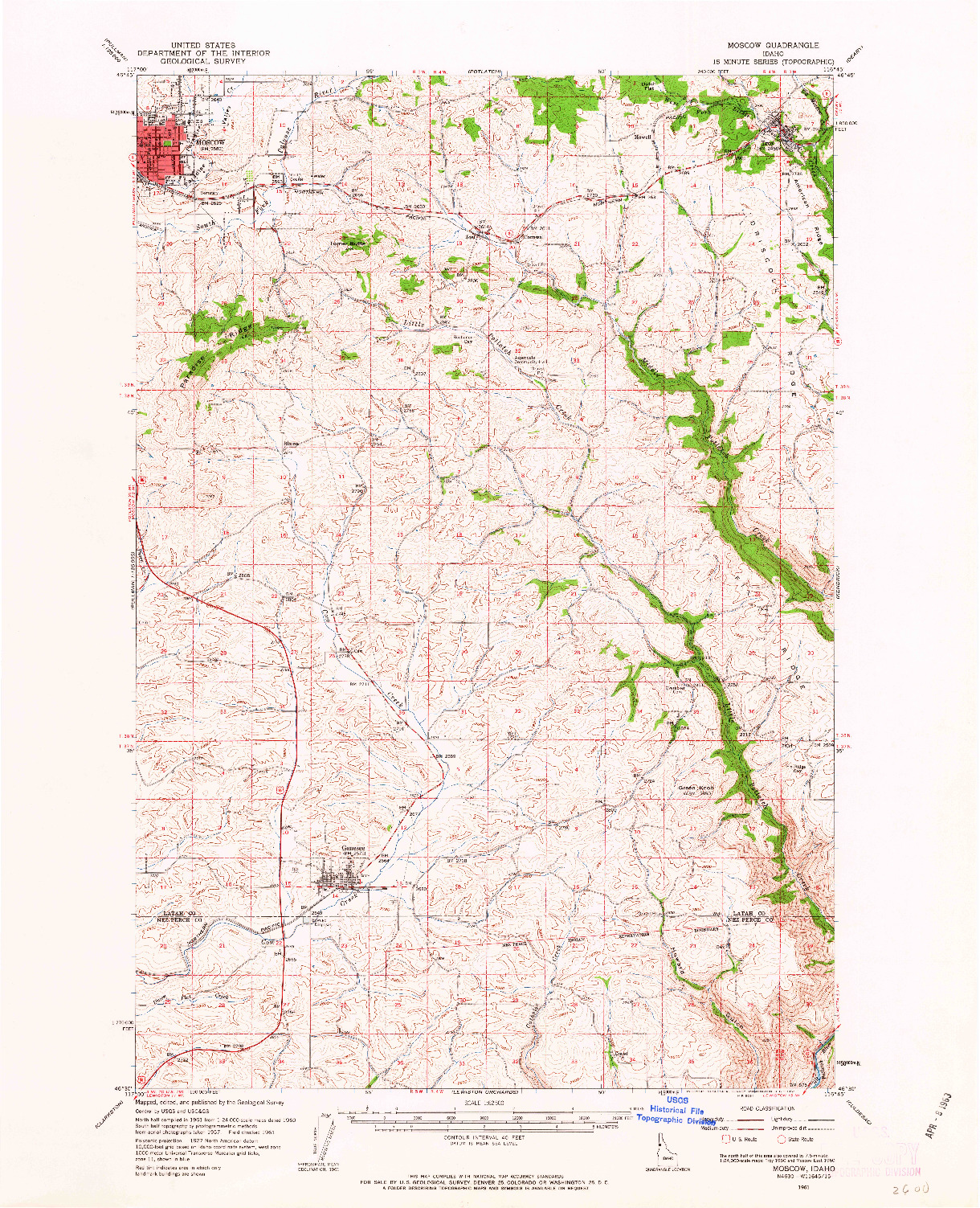 USGS 1:62500-SCALE QUADRANGLE FOR MOSCOW, ID 1961