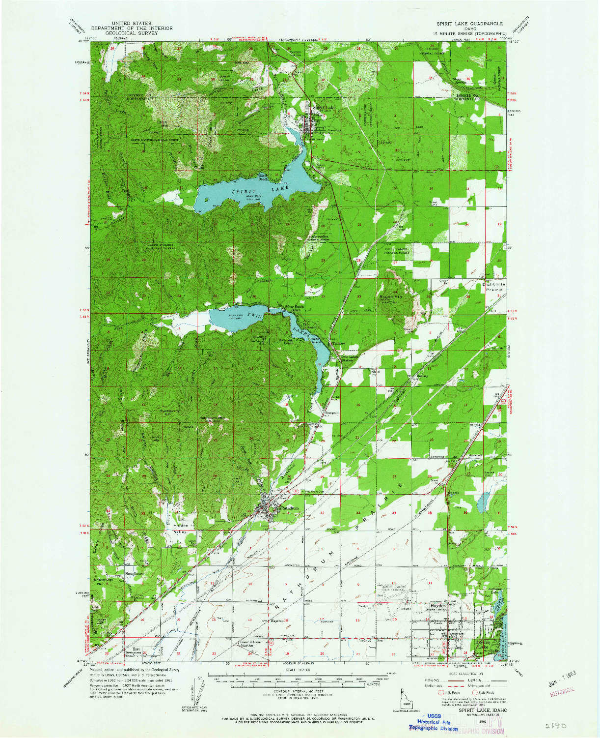 USGS 1:62500-SCALE QUADRANGLE FOR SPIRIT LAKE, ID 1961