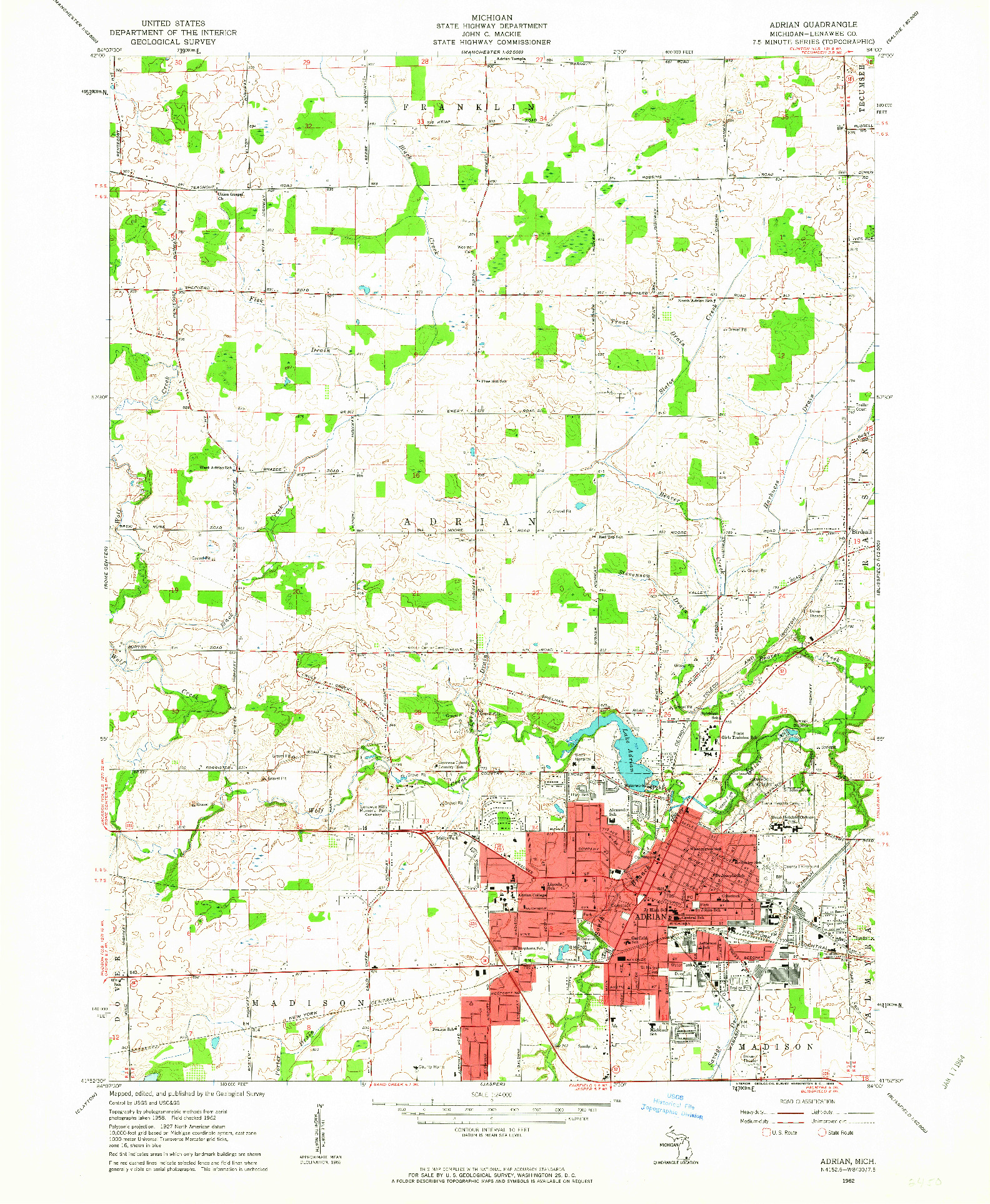 USGS 1:24000-SCALE QUADRANGLE FOR ADRIAN, MI 1962