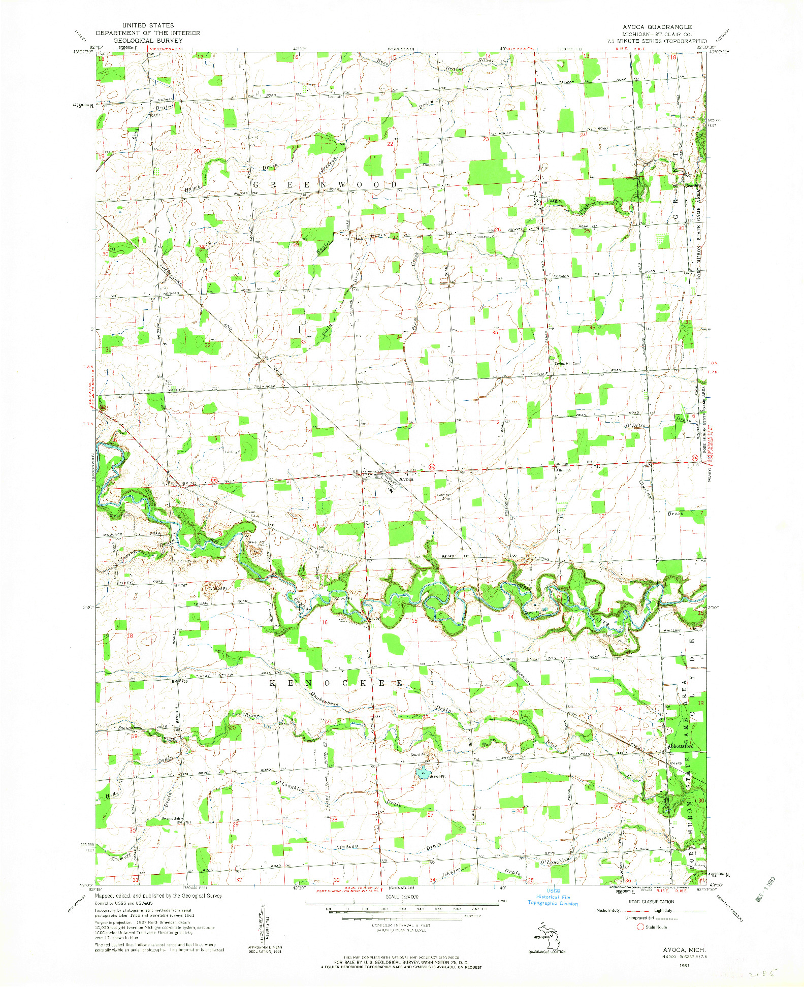 USGS 1:24000-SCALE QUADRANGLE FOR AVOCA, MI 1961