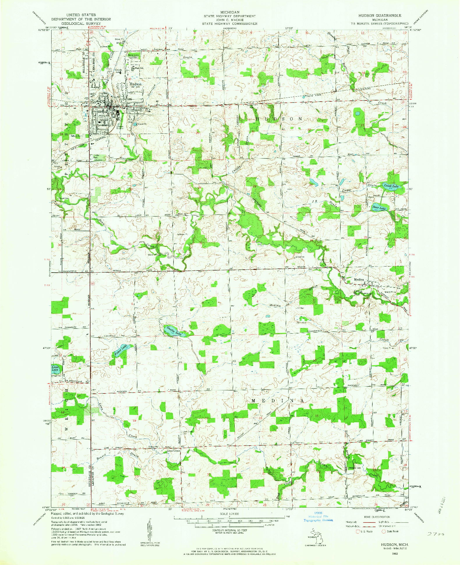 USGS 1:24000-SCALE QUADRANGLE FOR HUDSON, MI 1962