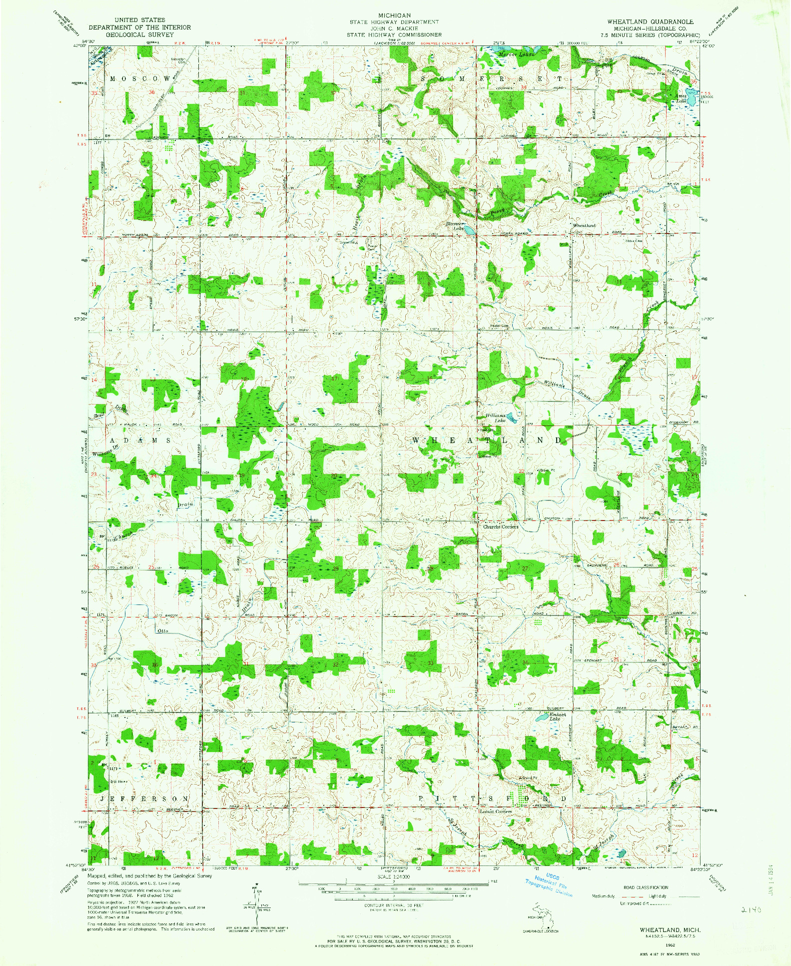 USGS 1:24000-SCALE QUADRANGLE FOR WHEATLAND, MI 1962