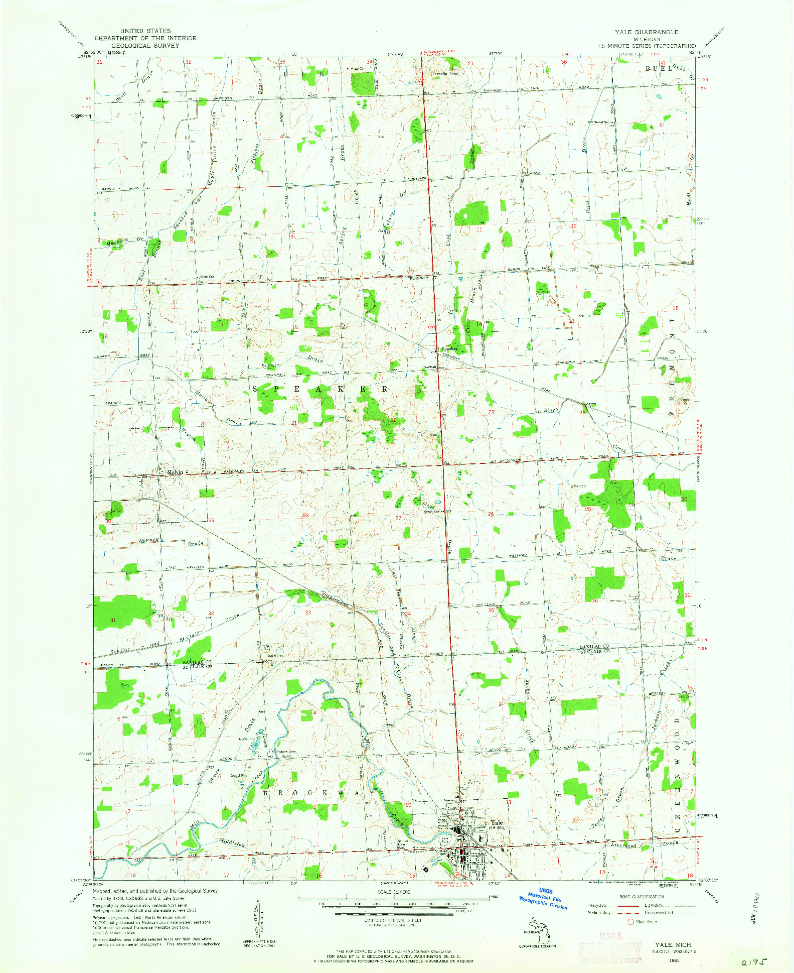 USGS 1:24000-SCALE QUADRANGLE FOR YALE, MI 1961