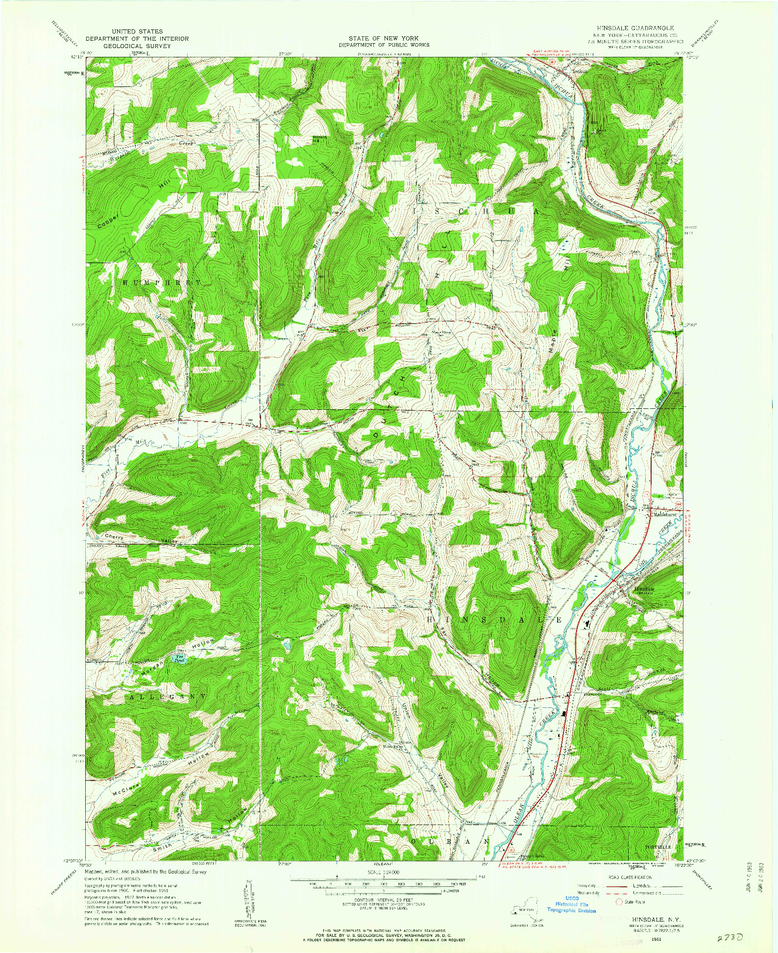 USGS 1:24000-SCALE QUADRANGLE FOR HINSDALE, NY 1961
